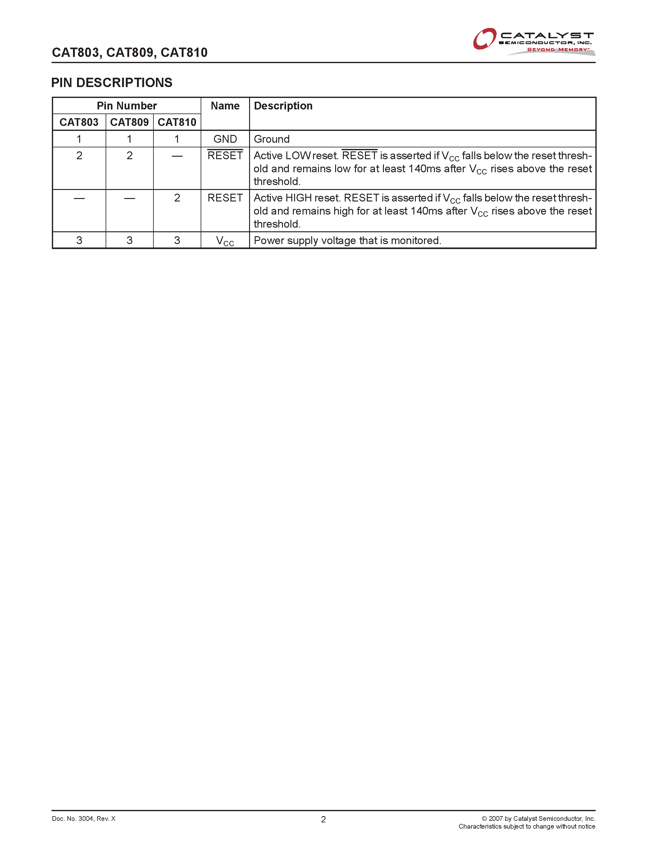 Datasheet CAT803 page 2 Datasheet CAT803 - (CAT803 - CAT810) 3-Pin Microprocessor Power Supply Supervisors page 2