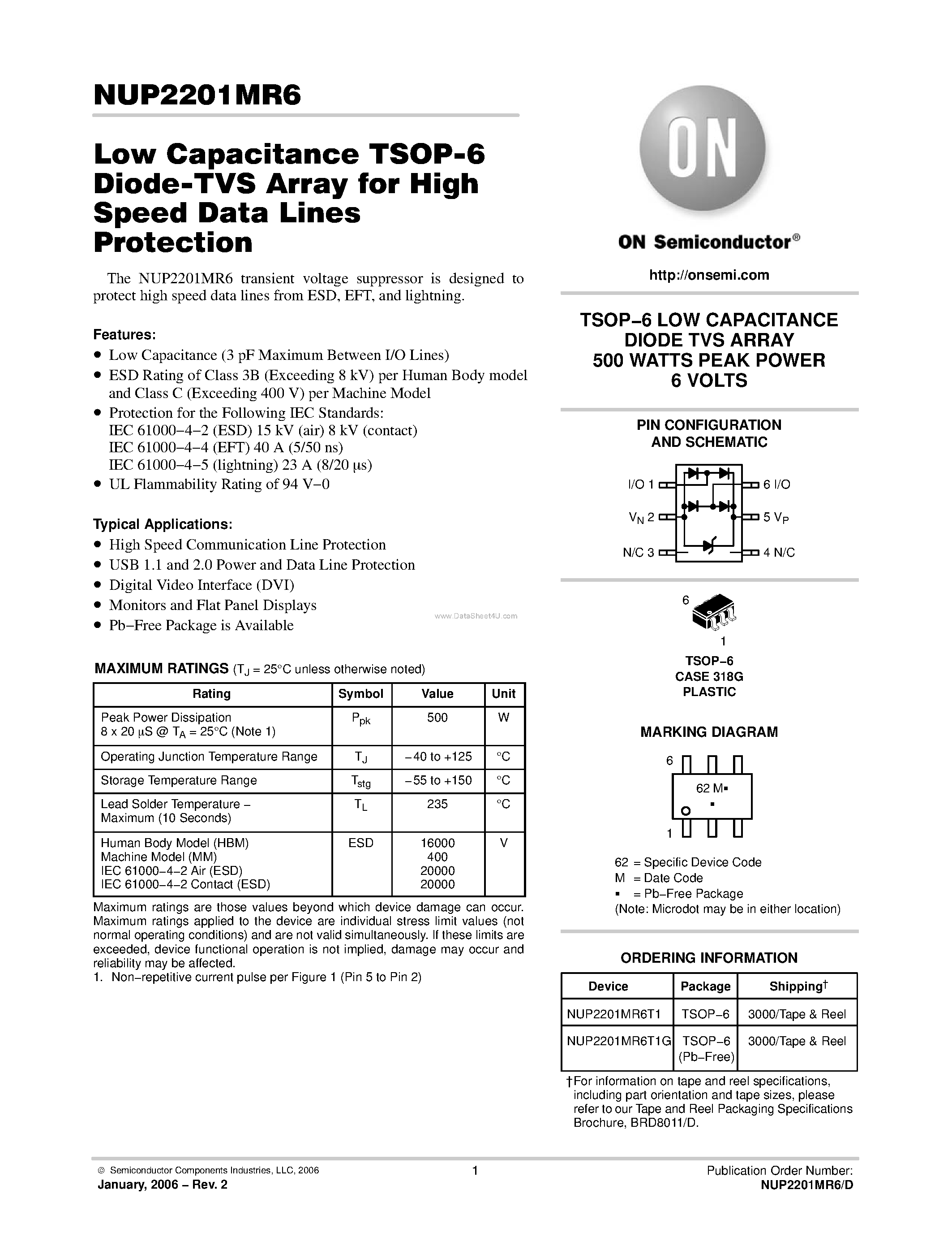 Datasheet NUP2201MR6 - Low Capacitance TSOP-6 Diode-TVS Array page 1