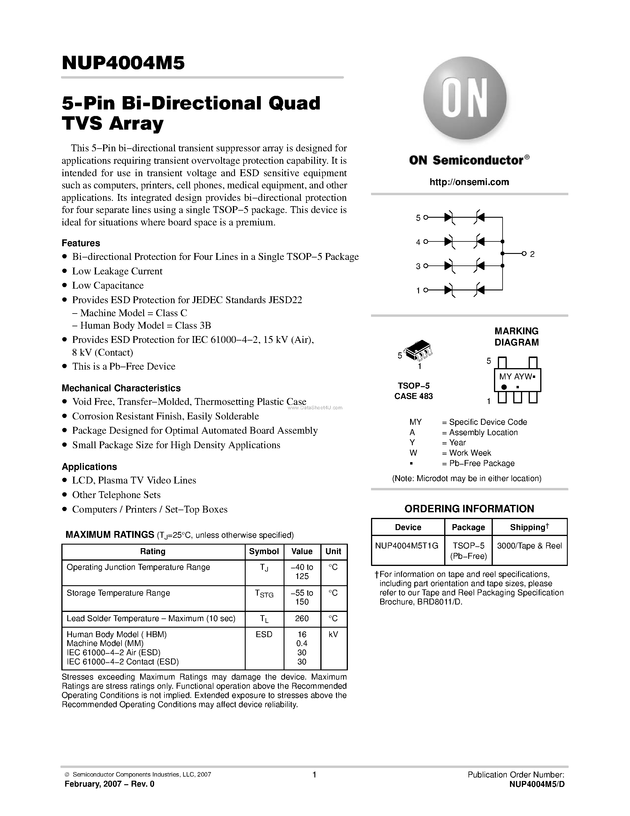 Datasheet NUP4004M5 - 5-Pin Bi-Directional Quad TVS Array page 1