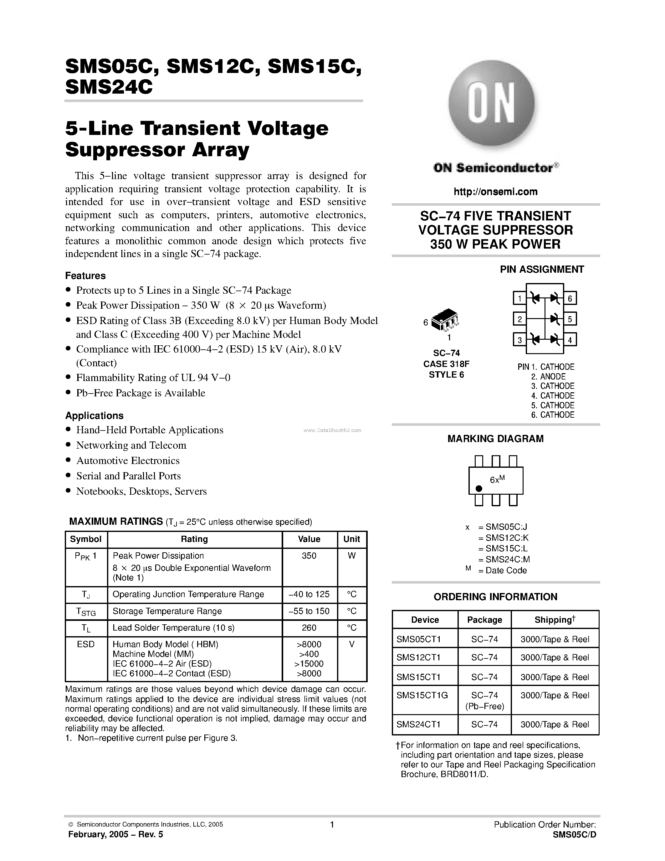 Даташит SMS05C - (SMS05C - SMS24C) 5-Line Transient Voltage Suppressor Array страница 1
