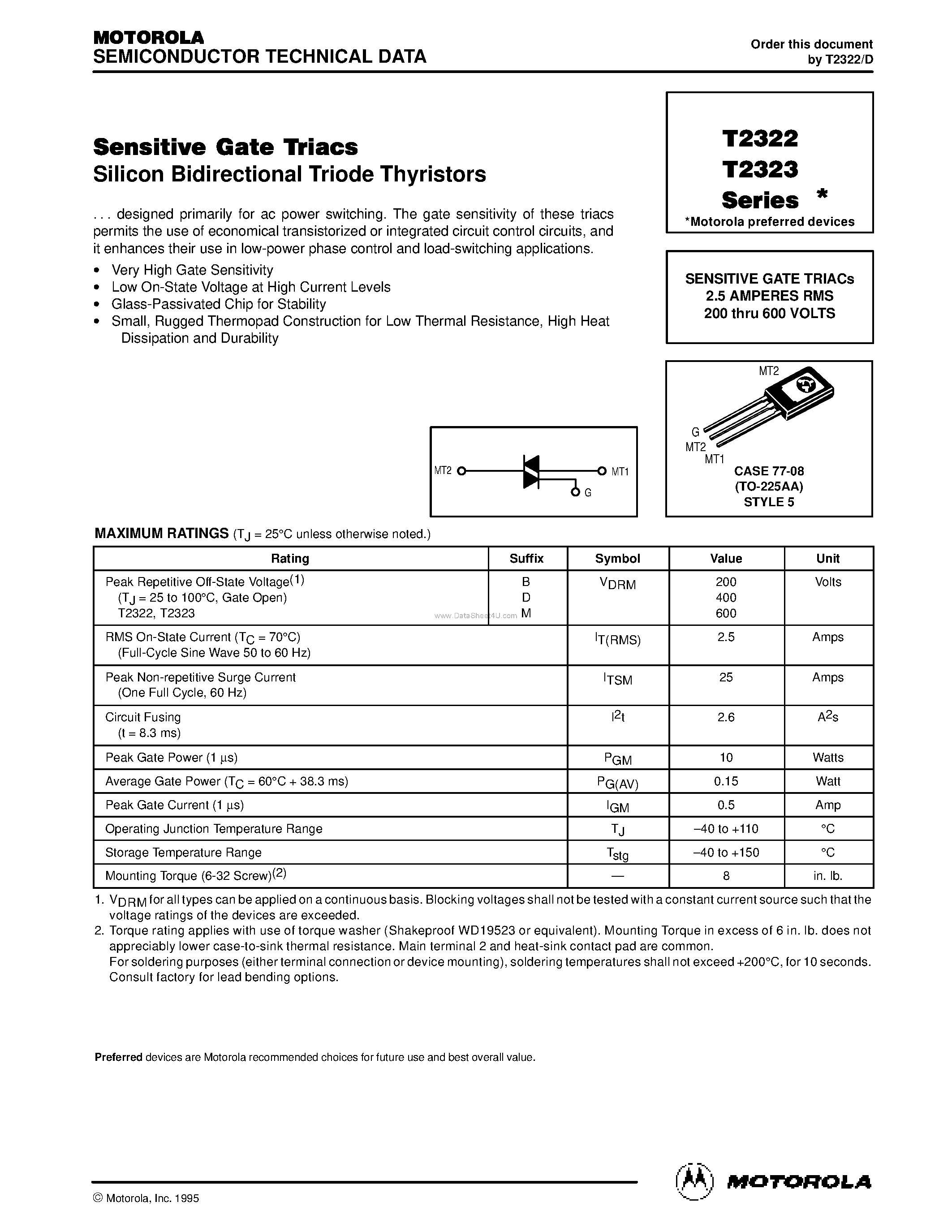 Datasheet T2322 page 1 Datasheet T2322 - (T2322 / T2323) SENSITIVE GATE TRIACs page 1