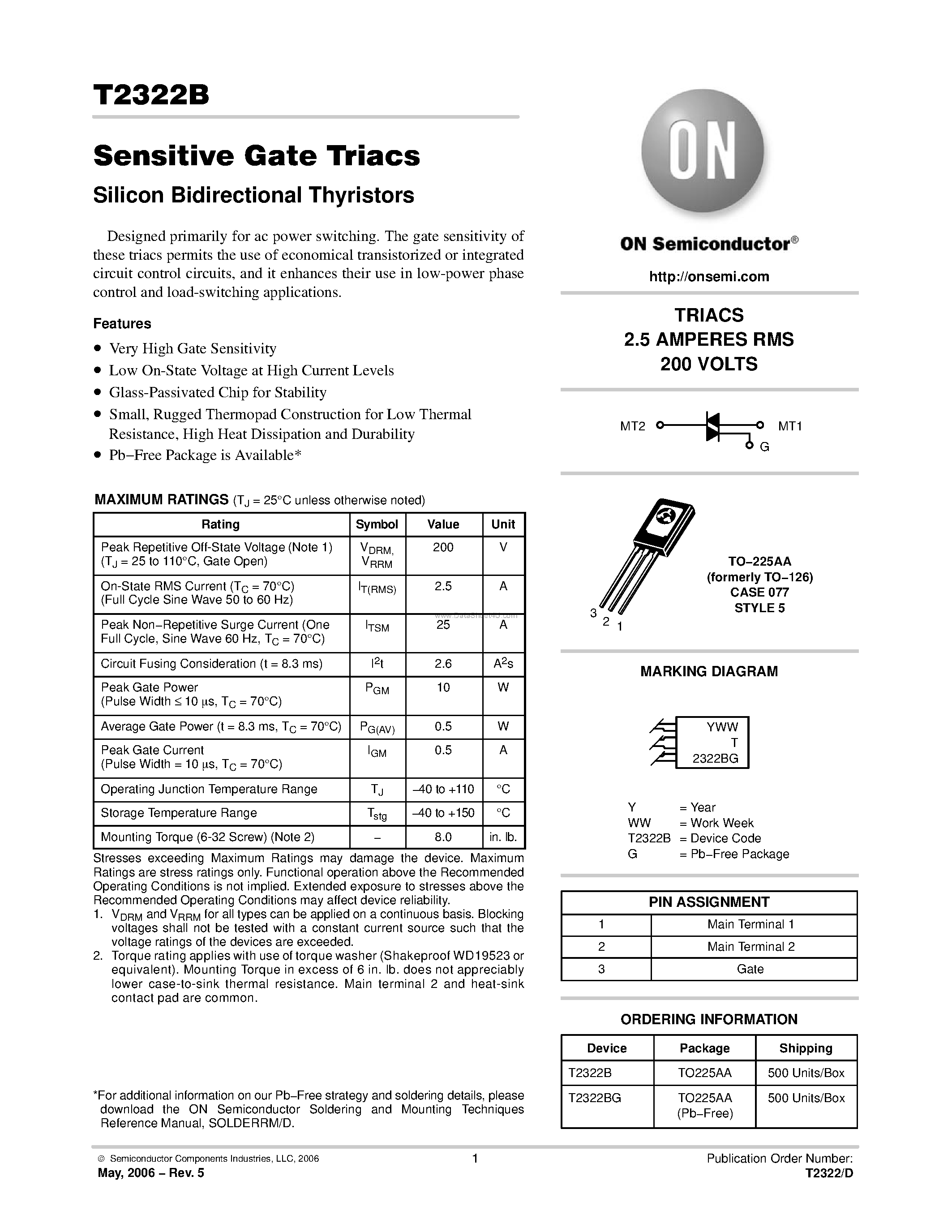 Datasheet T2322B - Sensitive Gate Triacs Silicon Bidirectional Thyristors page 1