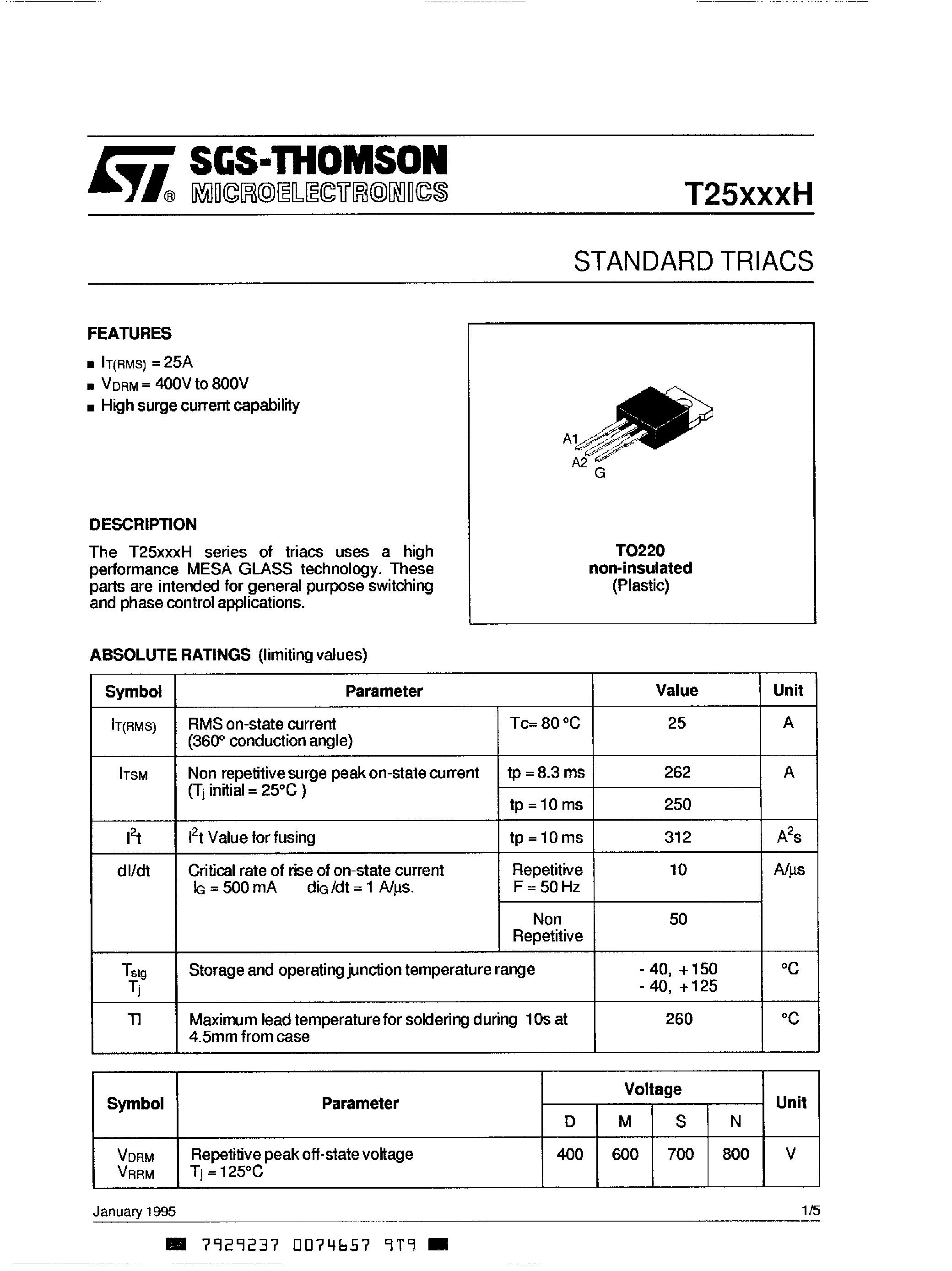 Datasheet T25xxxH - STANDARD TRIACS page 1