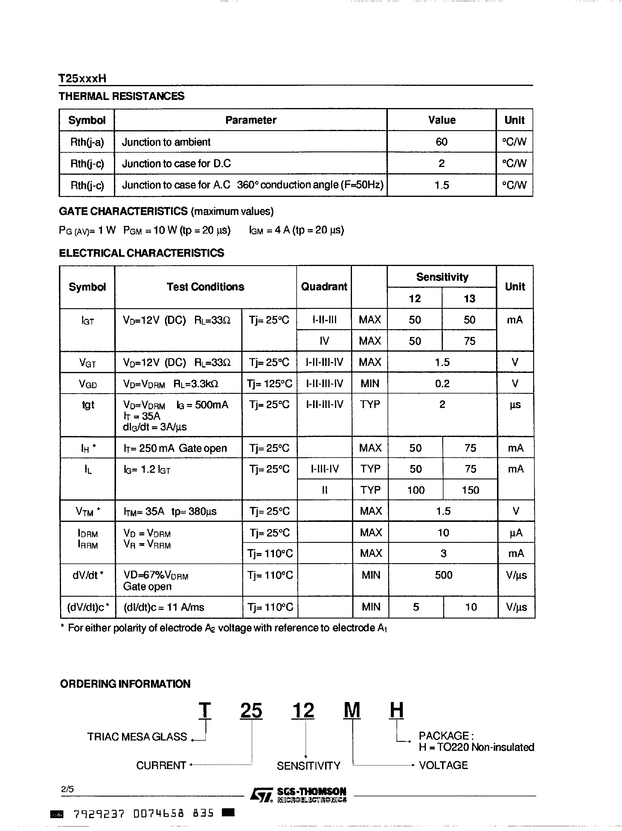 Datasheet T25xxxH - STANDARD TRIACS page 2