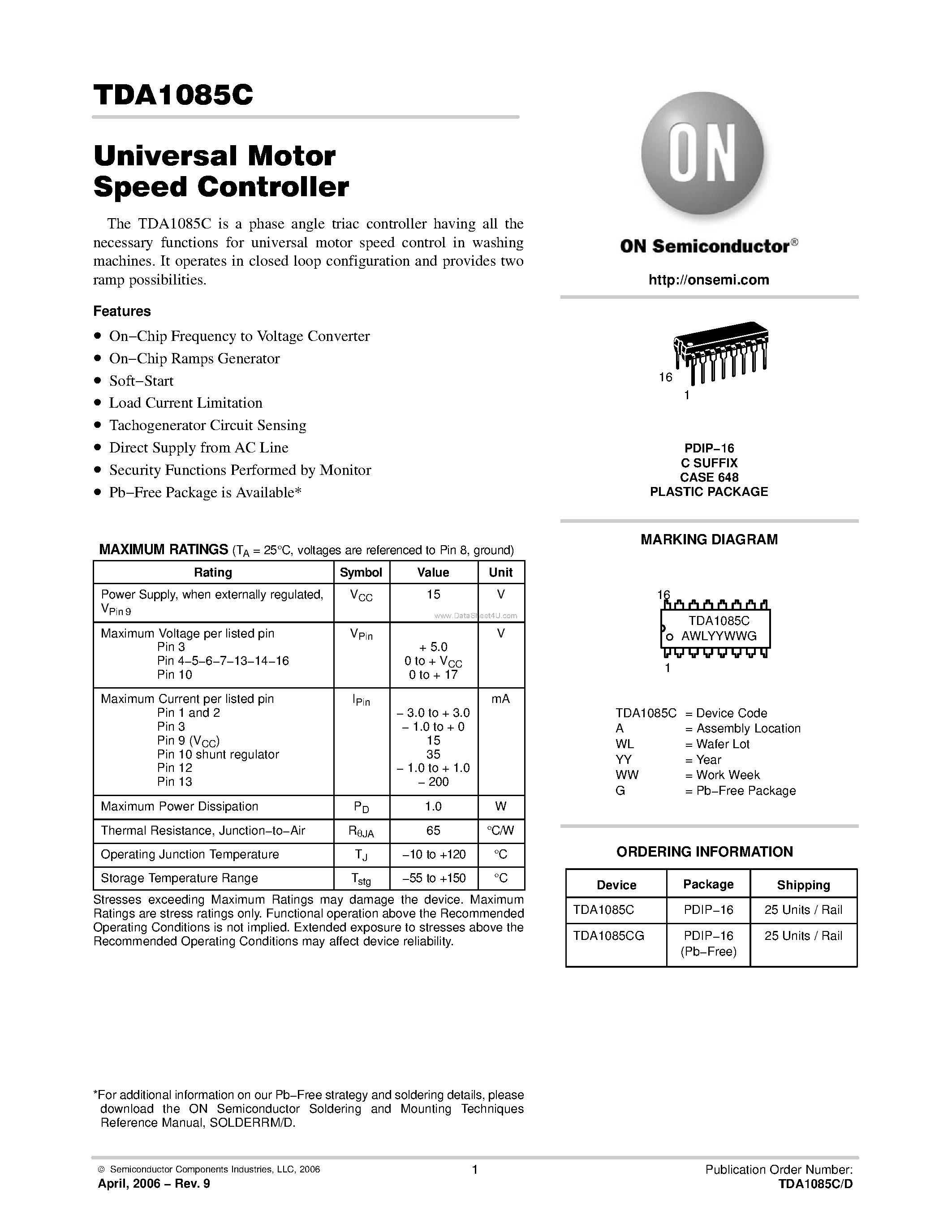 Datasheet TDA1085C page 1 Datasheet TDA1085C - Universal Motor Speed Controller page 1
