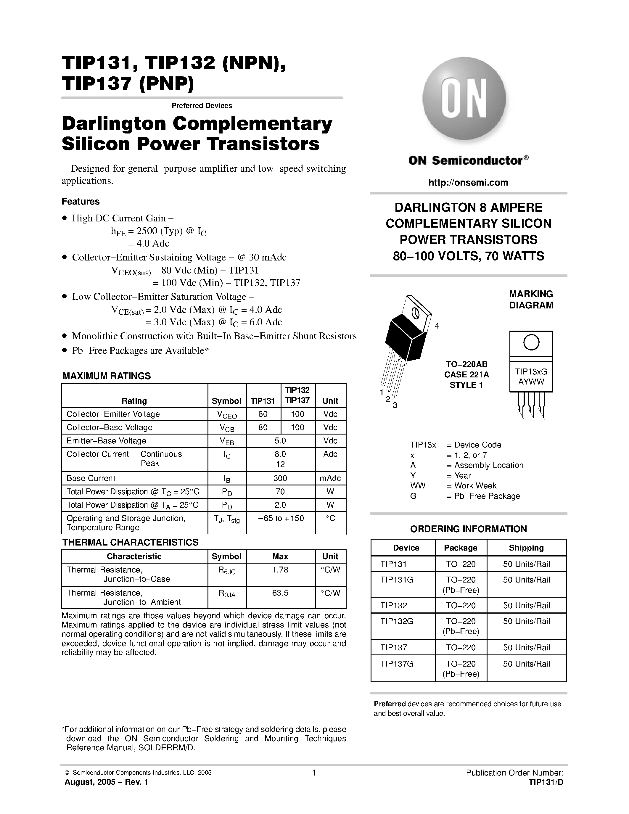 Даташит TIP131 - (TIP131 - TIP137) Darlington Complementary Silicon Power Transistors страница 1