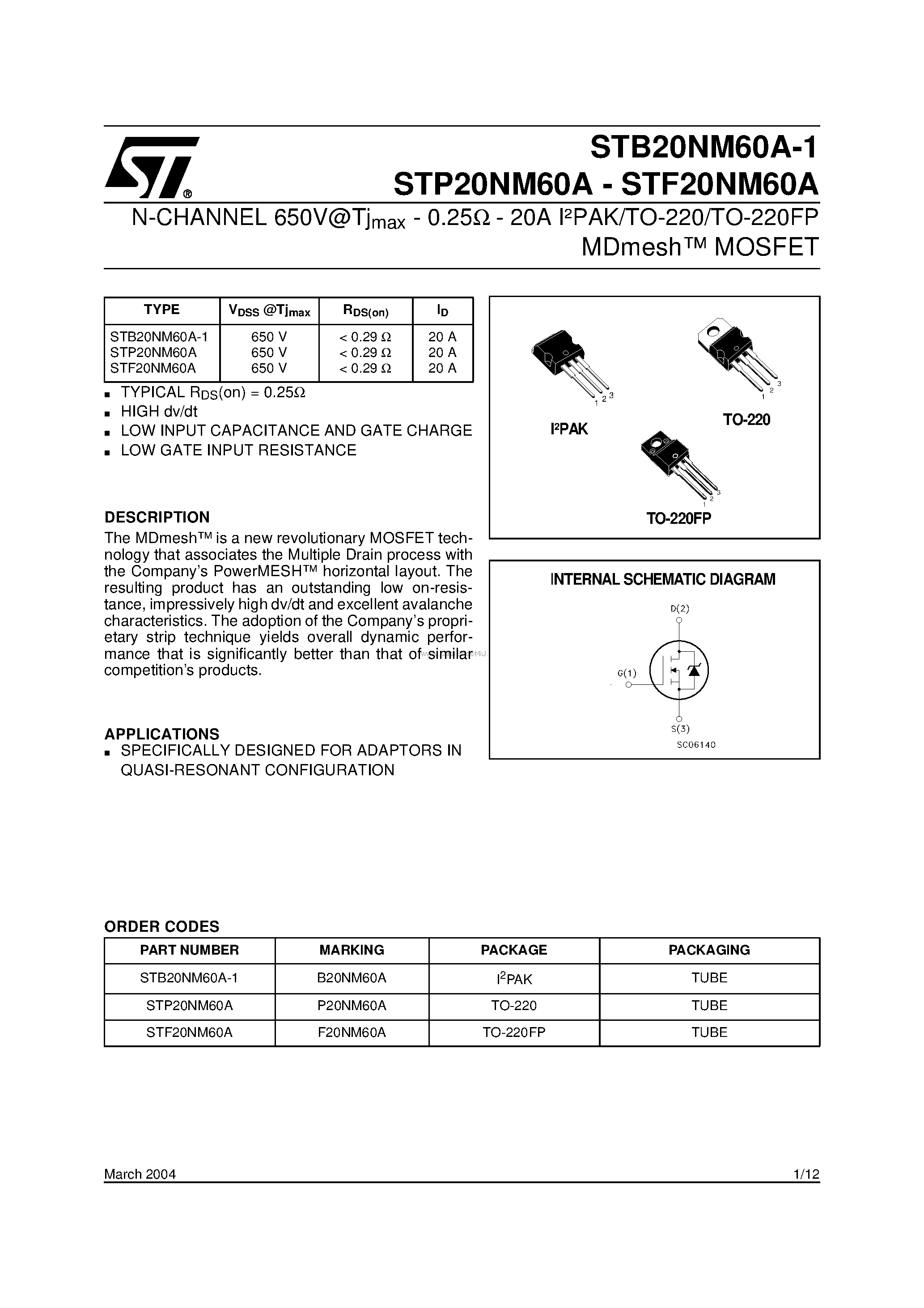 Datasheet STF20NM60A - N-CHANNEL MOSFET page 1