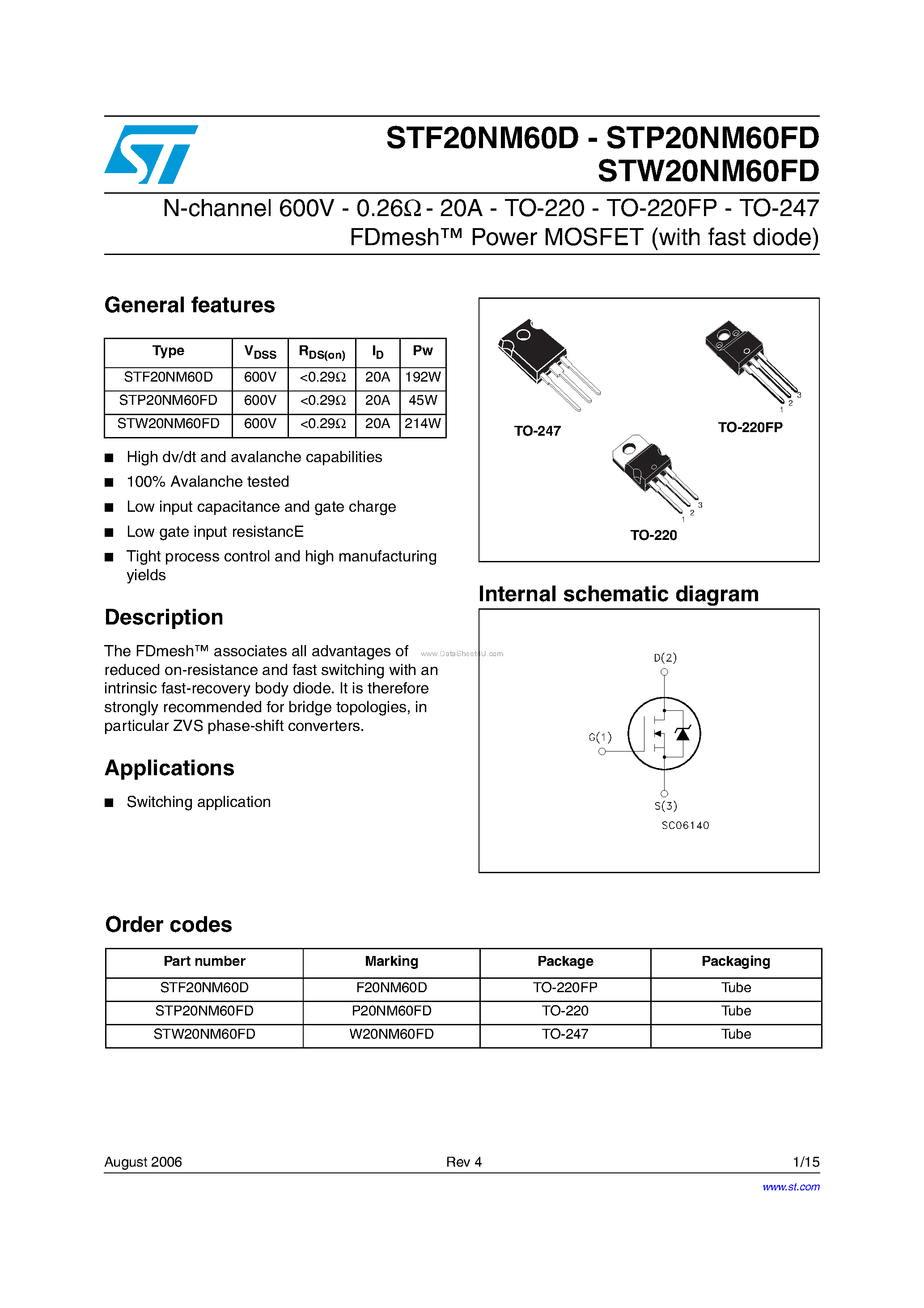 Datasheet STP20NM60FD - N-CHANNEL MOSFET page 1
