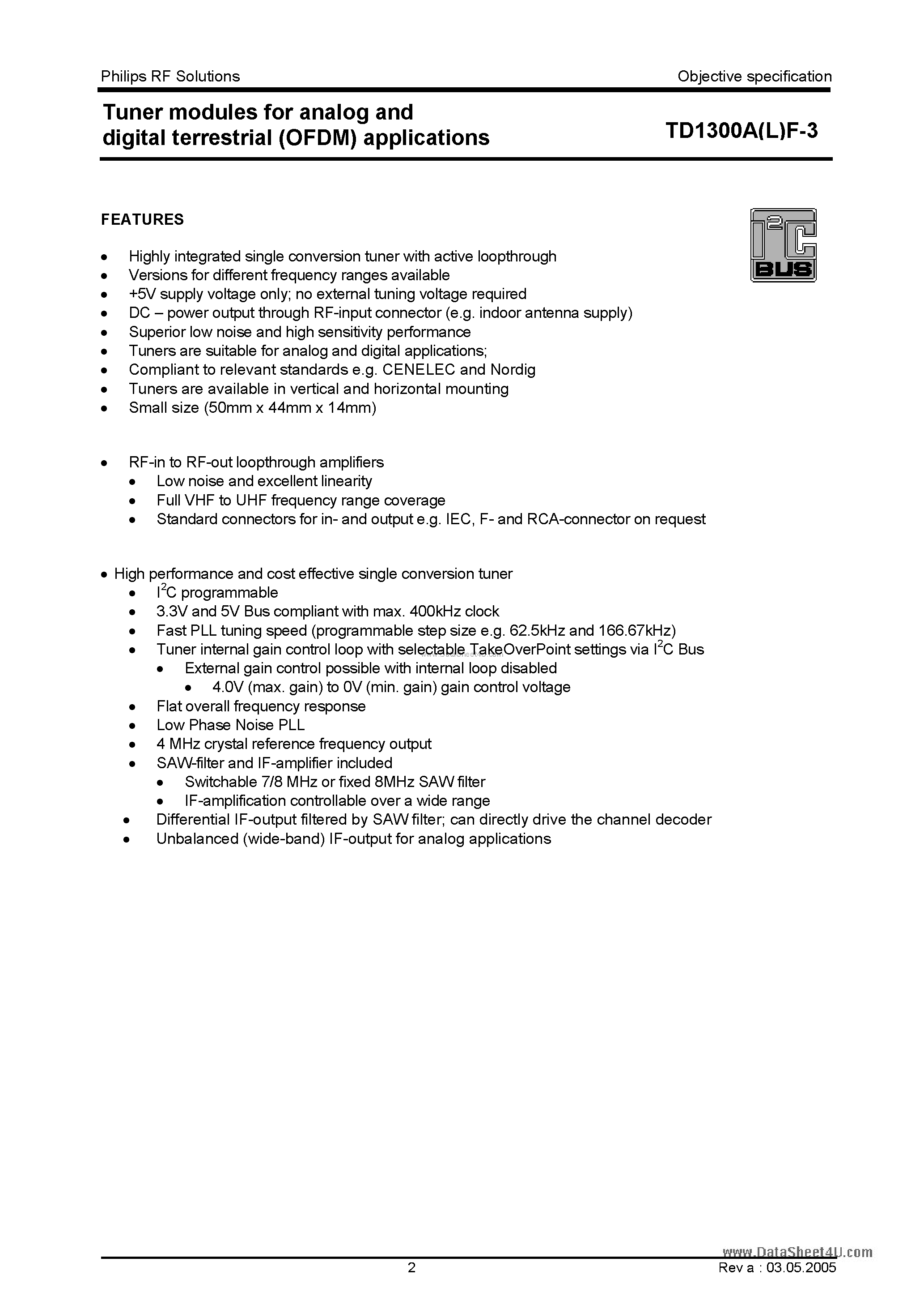 Даташит TD1311AF - (TD1300A(L)F) Tuner Modules страница 2