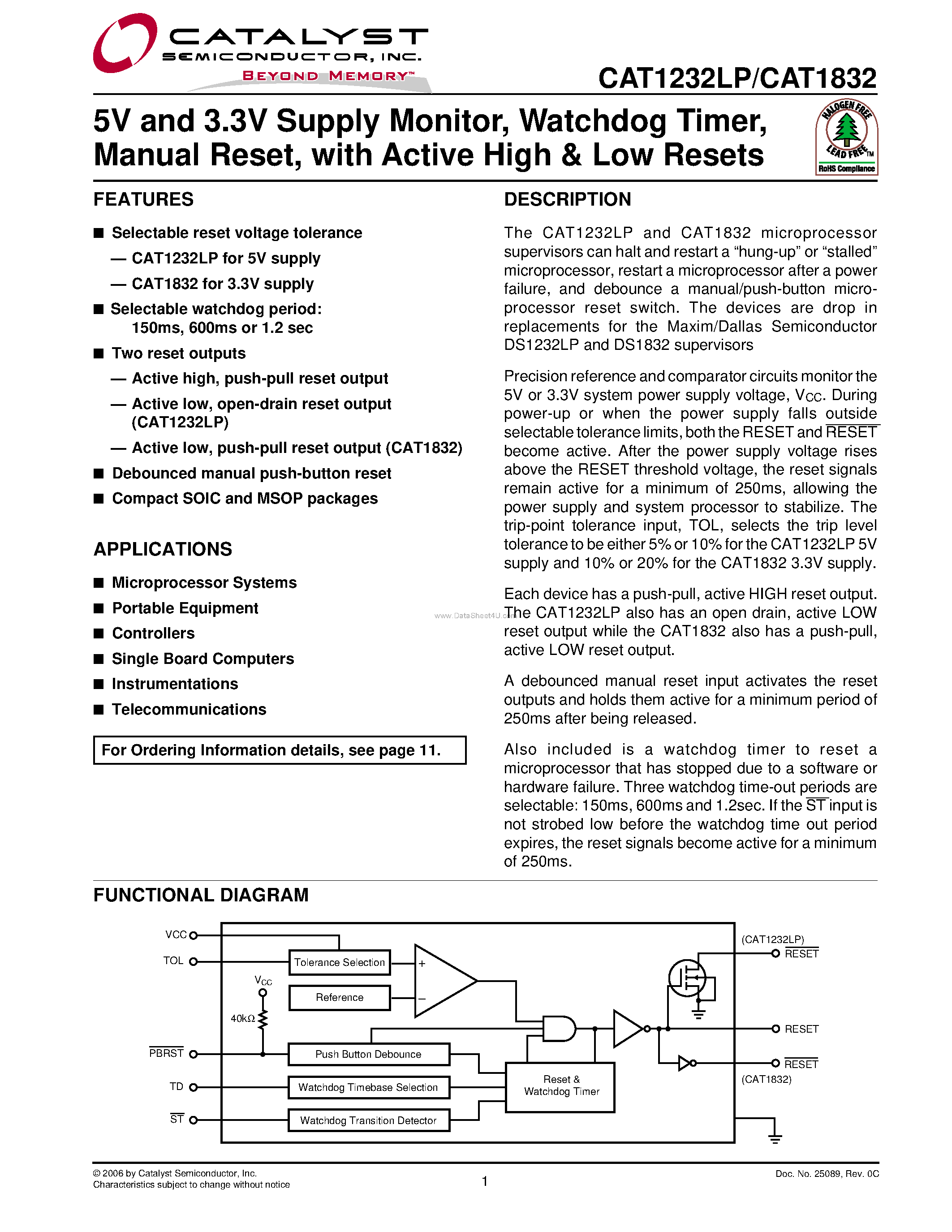 Даташит на микросхему CAT1232LP страница 1 Даташит CAT1232LP - (CAT1232LP / CAT1832) 5V AND 3.3V SUPPLY VOLTAGE MONITOR AND RESET CIRCUIT страница 1