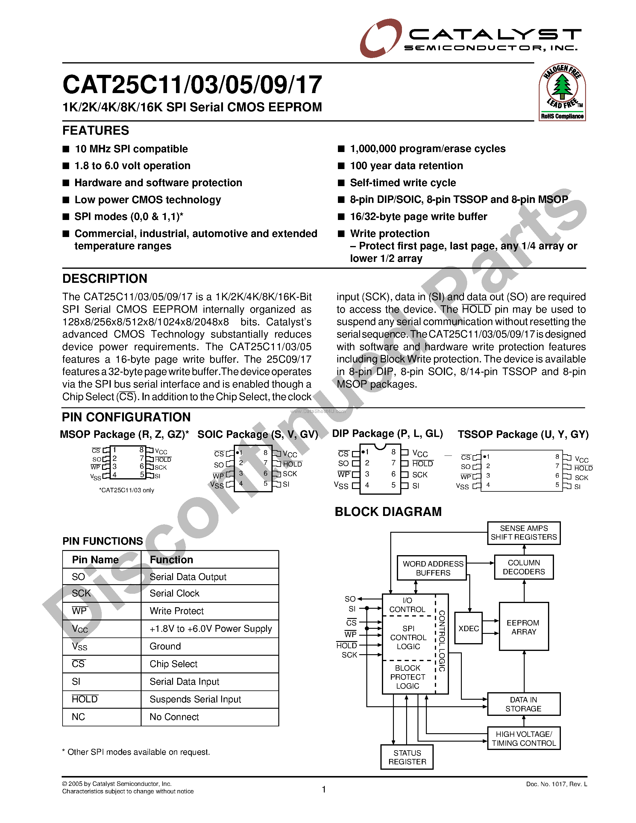 Datasheet CAT25C03 page 1 Datasheet CAT25C03 - (CAT25C03 - CAT25C17) 1K/2K/4K/8K/16K SPI Serial CMOS EEPROM page 1