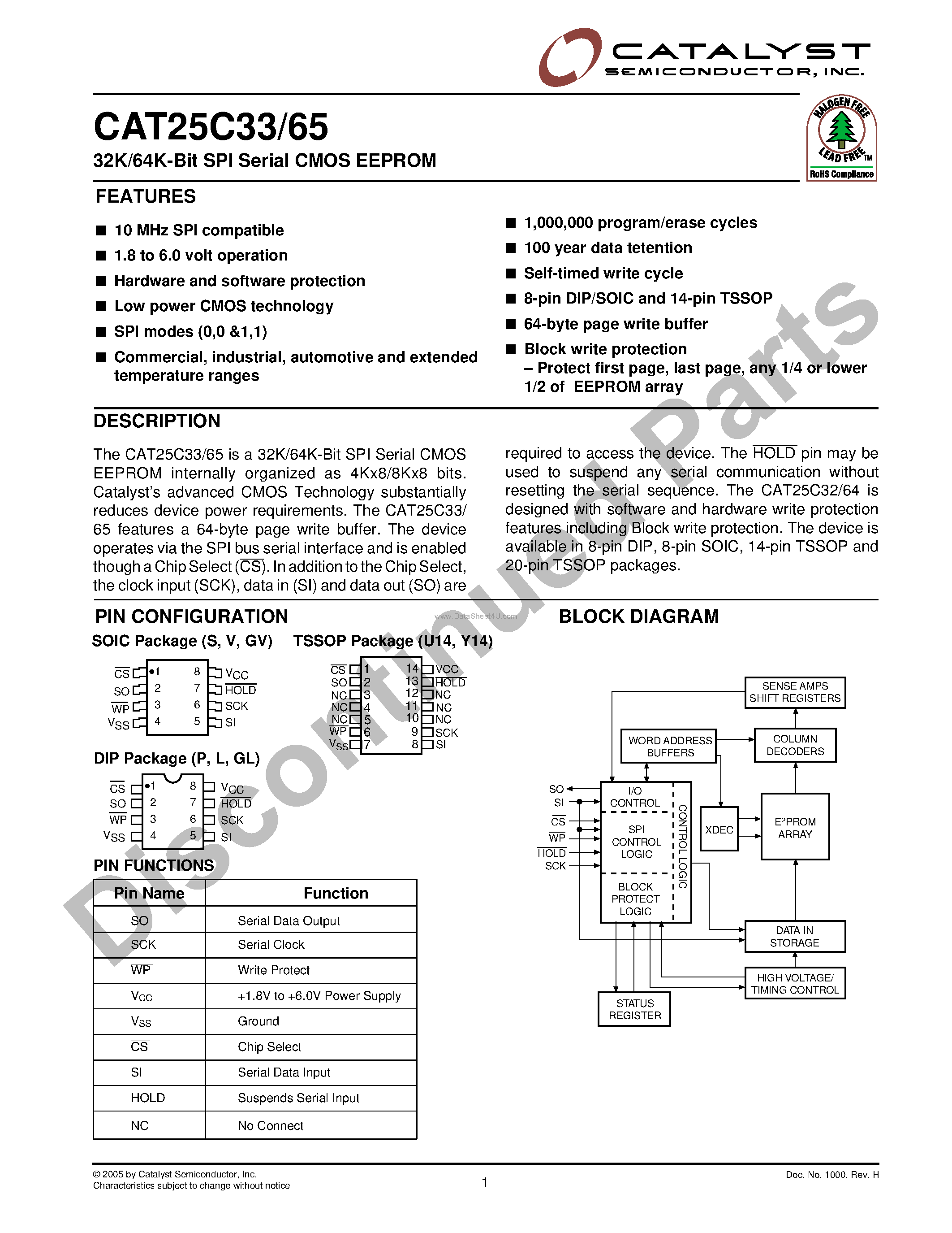 Datasheet CAT25C33 page 1 Datasheet CAT25C33 - (CAT25C33 / CAT25C65) 32K/64K-Bit SPI Serial CMOS EEPROM page 1