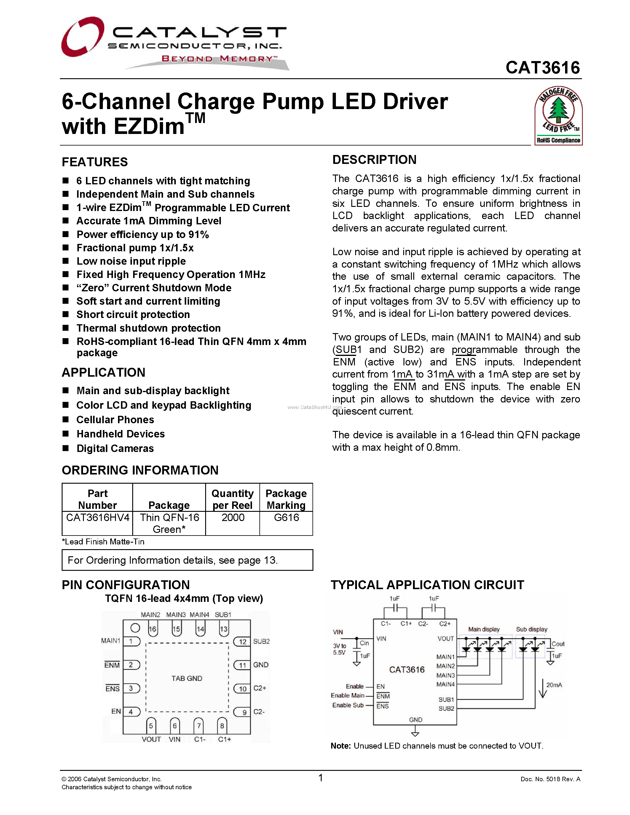 Datasheet CAT3616 - 6-Channel Charge Pump LED Driver page 1