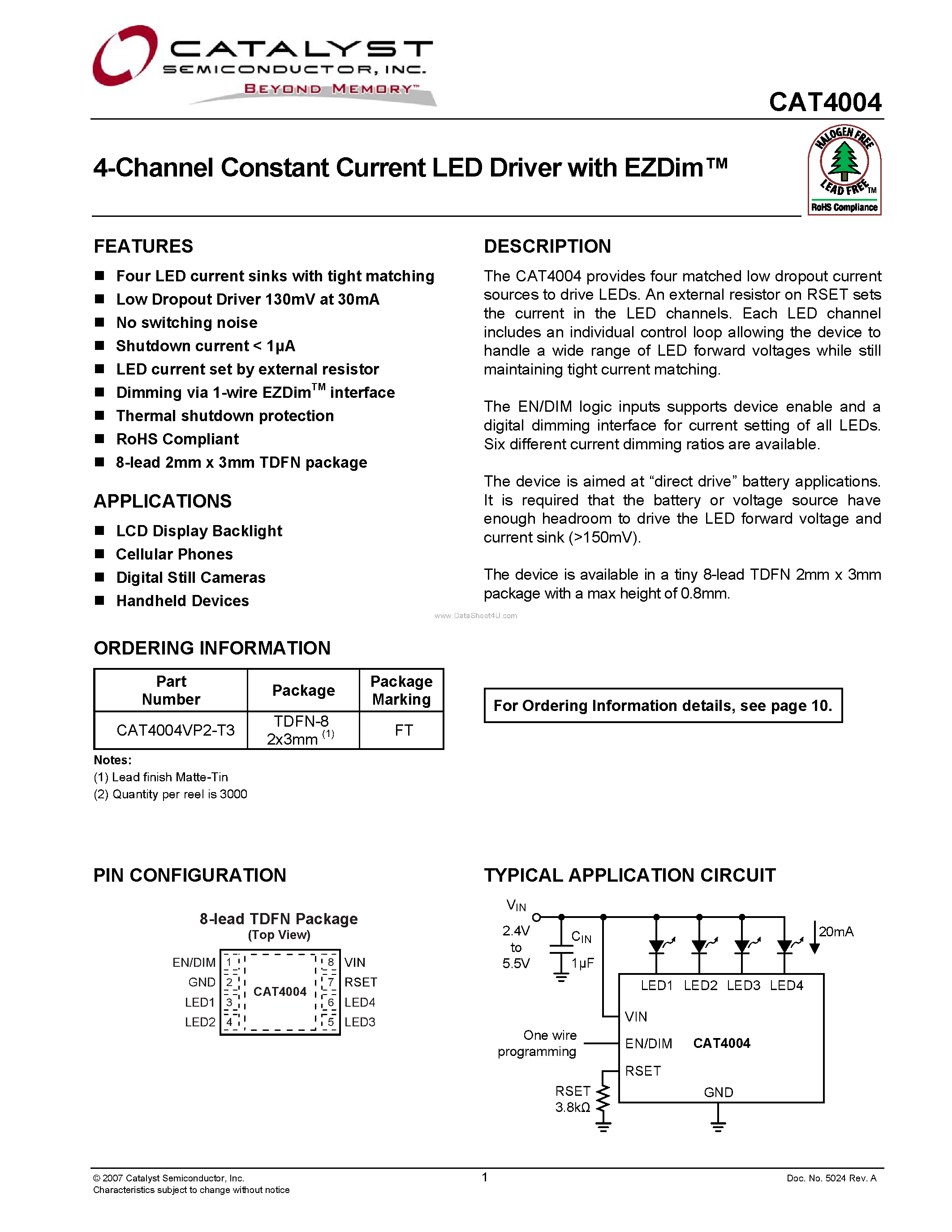 Datasheet CAT4004 - 4-Channel Constant Current LED Driver page 1