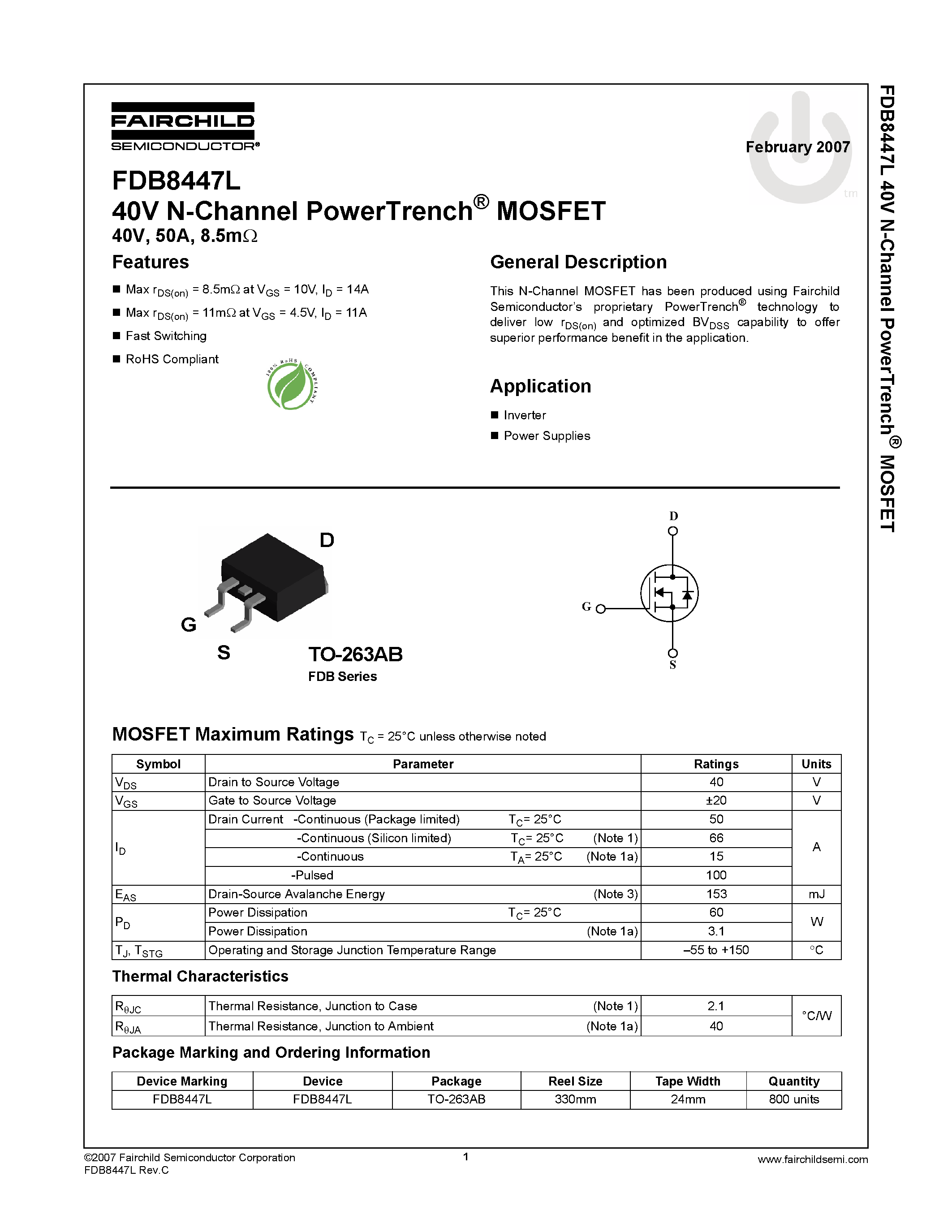 Datasheet FDB8447L - N-Channel PowerTrench MOSFET page 1