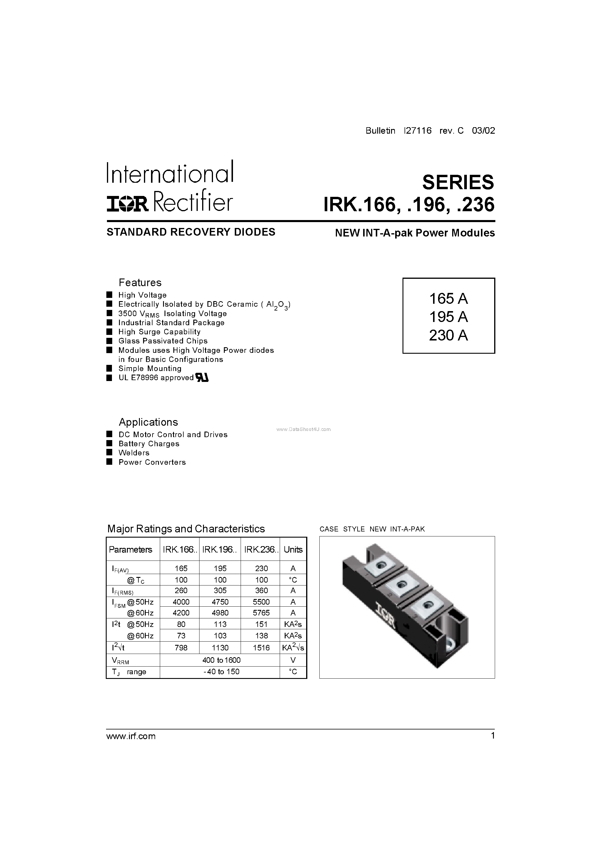 Даташит на микросхему IRK.196 страница 1 Даташит IRK.196 - (IRK.166/.196/.236) STANDARD RECOVERY DIODES страница 1