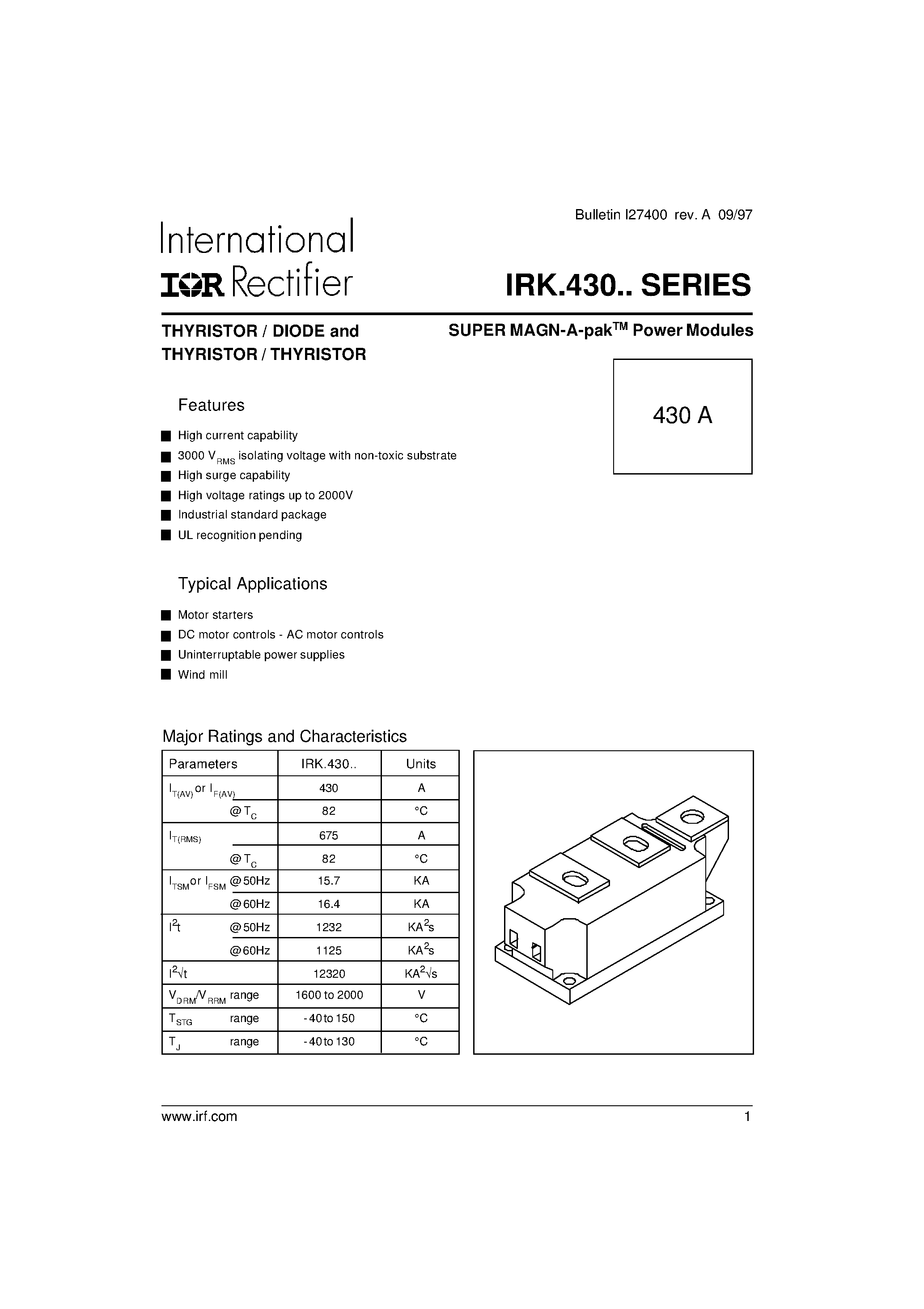 Datasheet IRK.430 page 1 Datasheet IRK.430 - SUPER MAGN-A-pak-TM Power Modules page 1