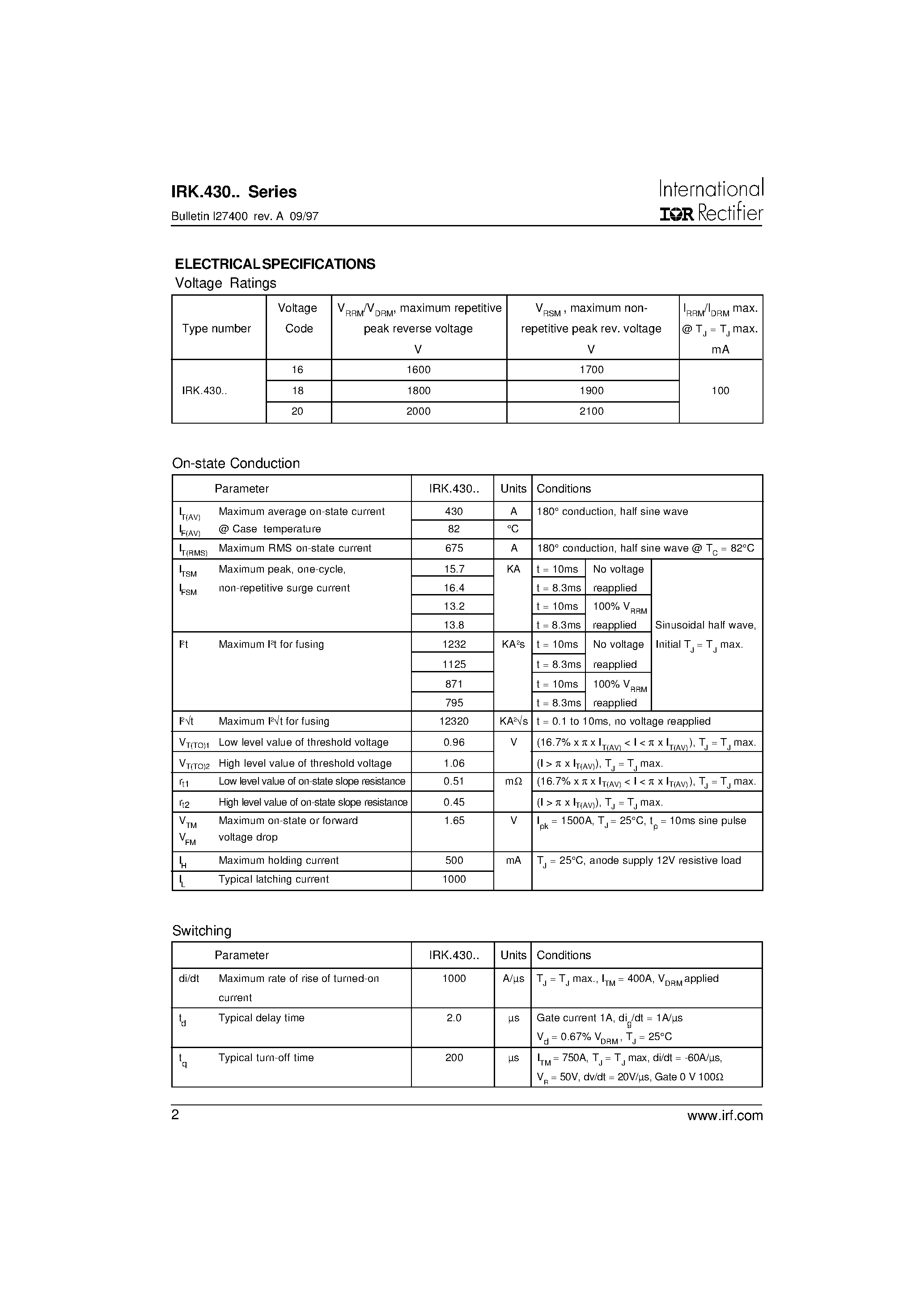 Datasheet IRK.430 page 2 Datasheet IRK.430 - SUPER MAGN-A-pak-TM Power Modules page 2