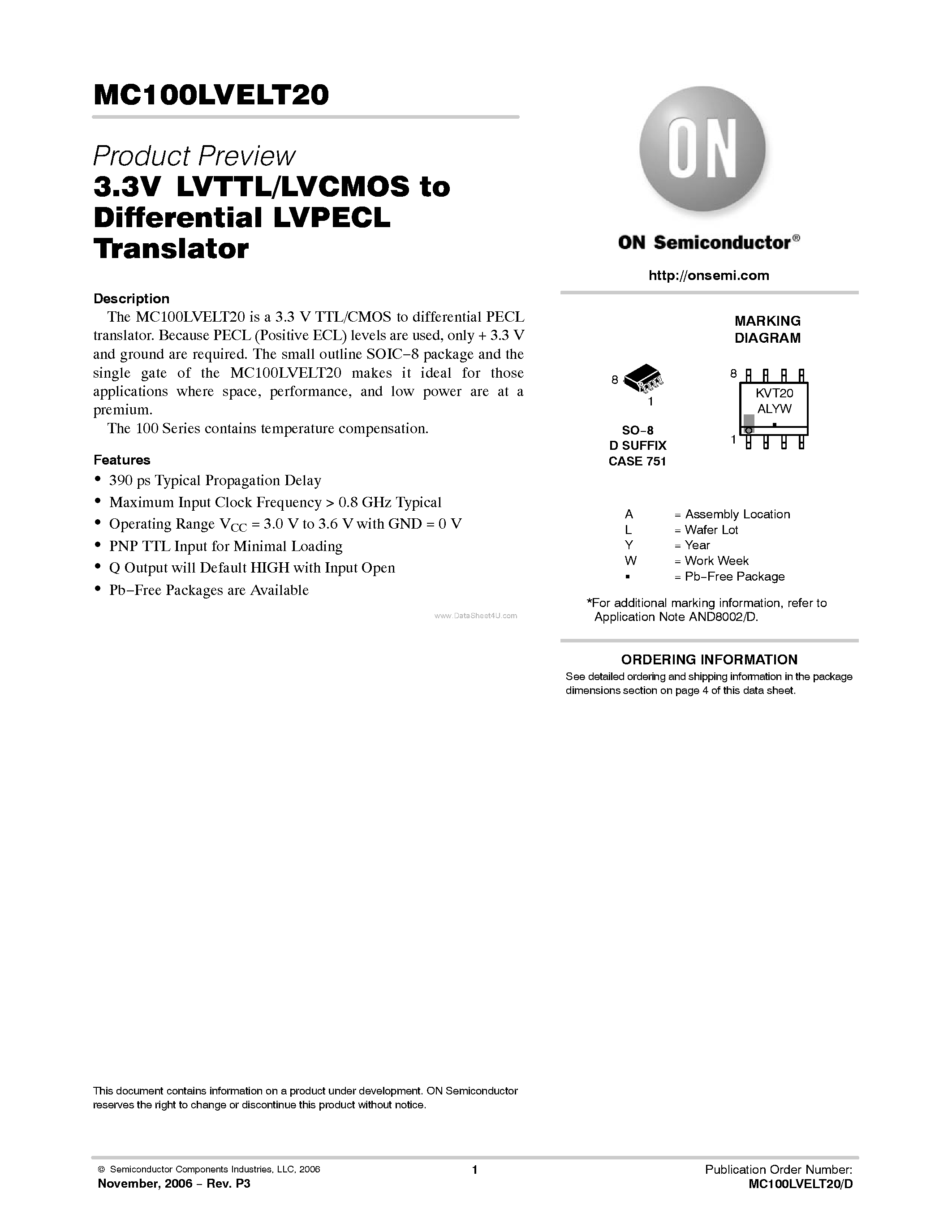 Даташит MC100LVELT20 - LVTTL/LVCMOS to Differential LVPECL Translator страница 1