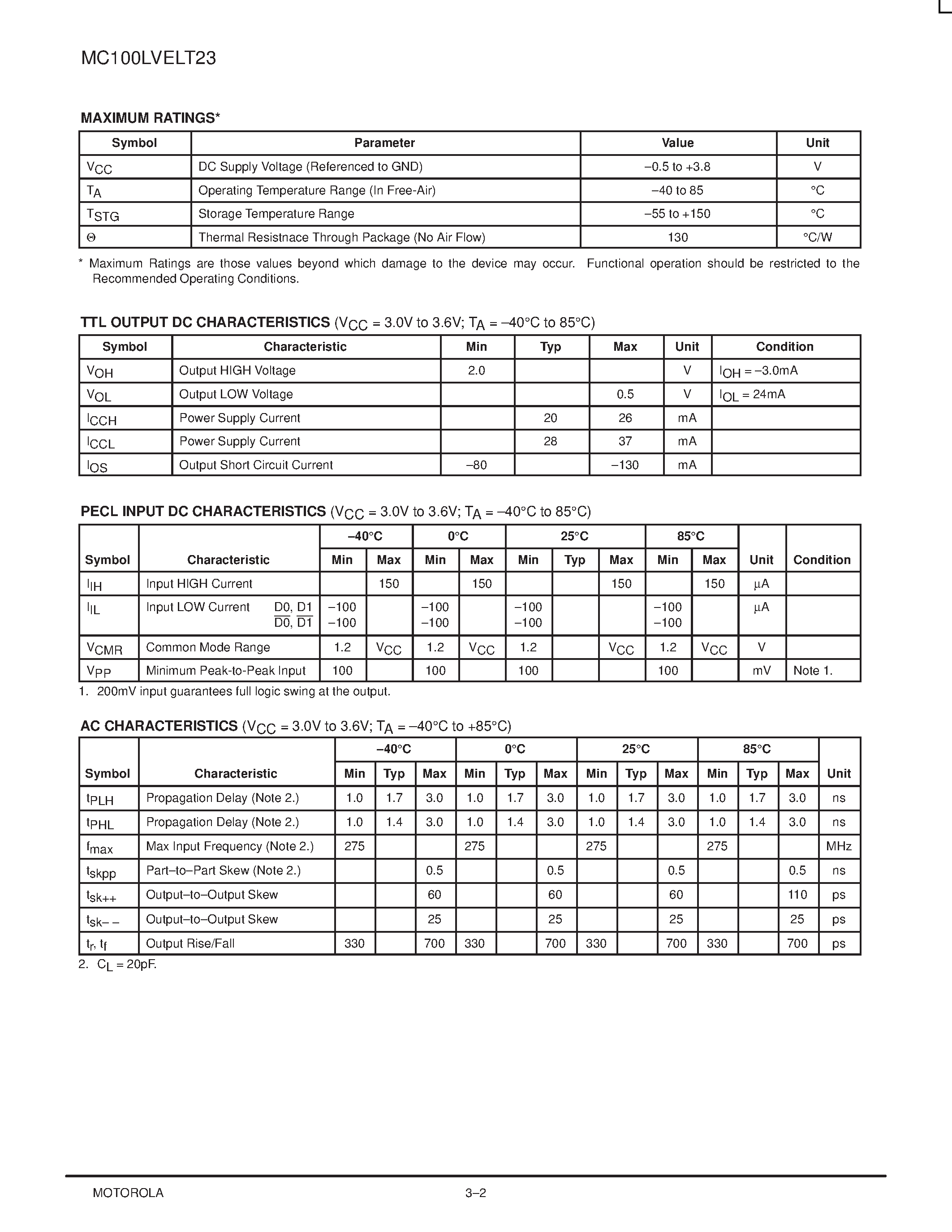 Даташит MC100LVELT23 - DUAL DIFFERENTIAL LVPECL/LVDS TO LVTTL TRANSLATOR страница 2