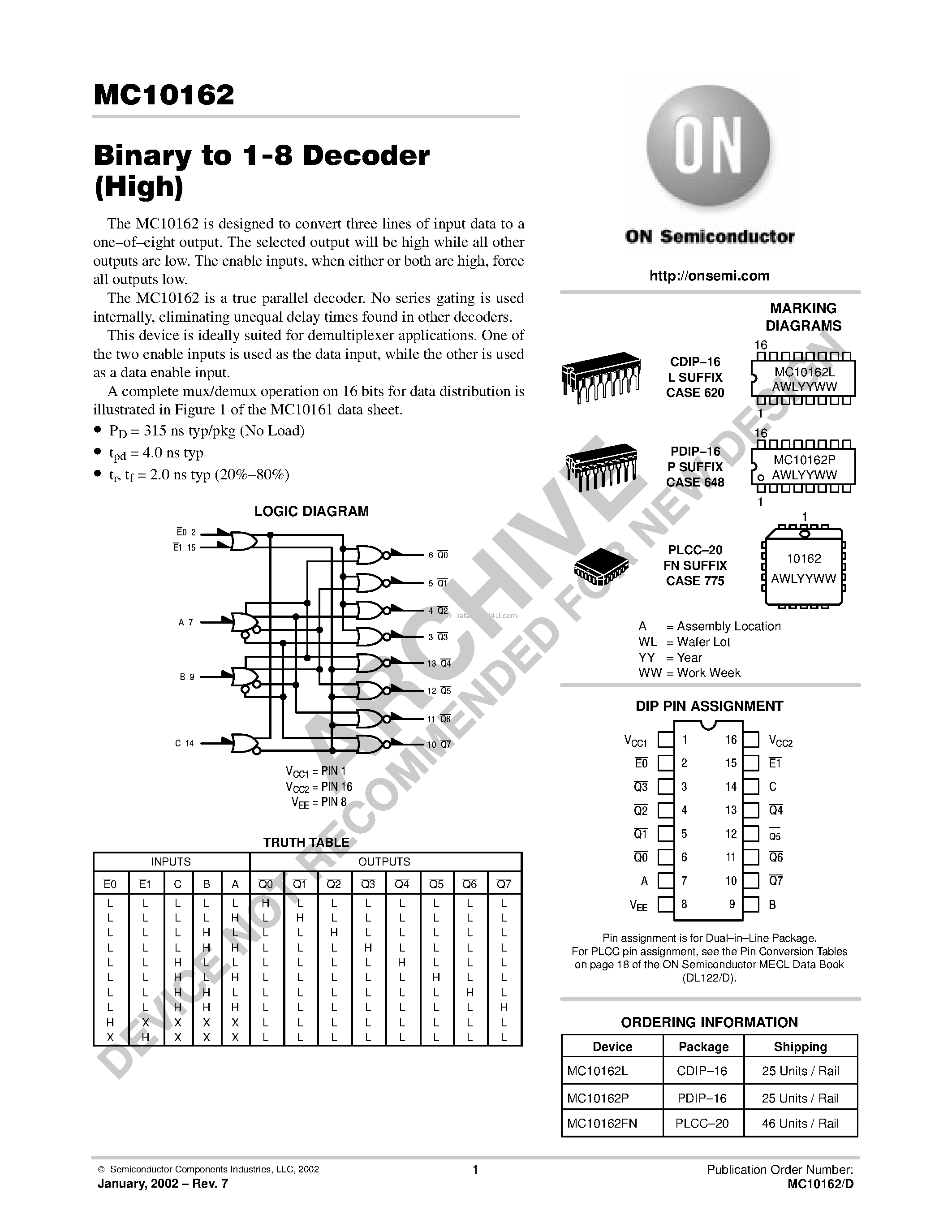 Даташит MC10162 - Binary to 1-8 Decoder страница 1