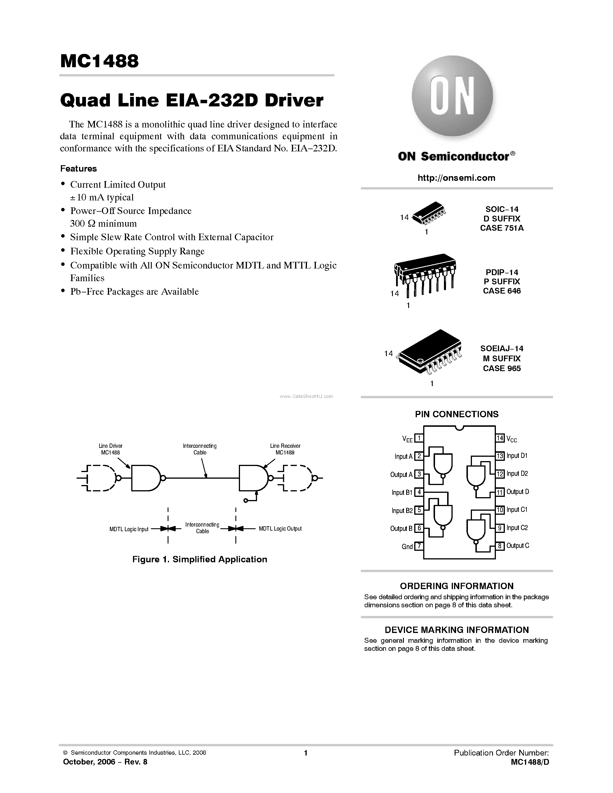 Datasheet MC1488 page 1 Datasheet MC1488 - Quad Line EIA-232D Driver page 1