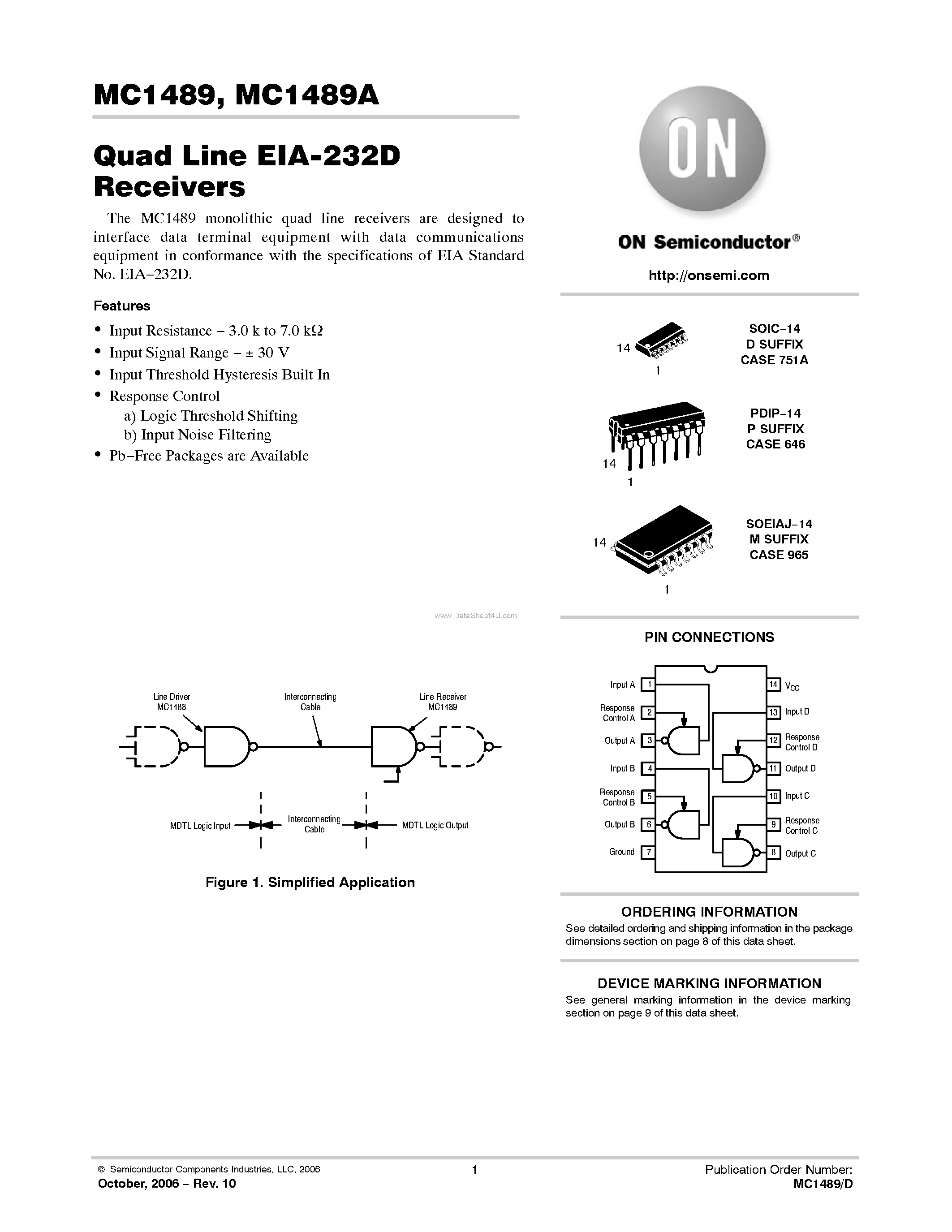 Datasheet MC1489 - Quad Line EIA-232D Receivers page 1