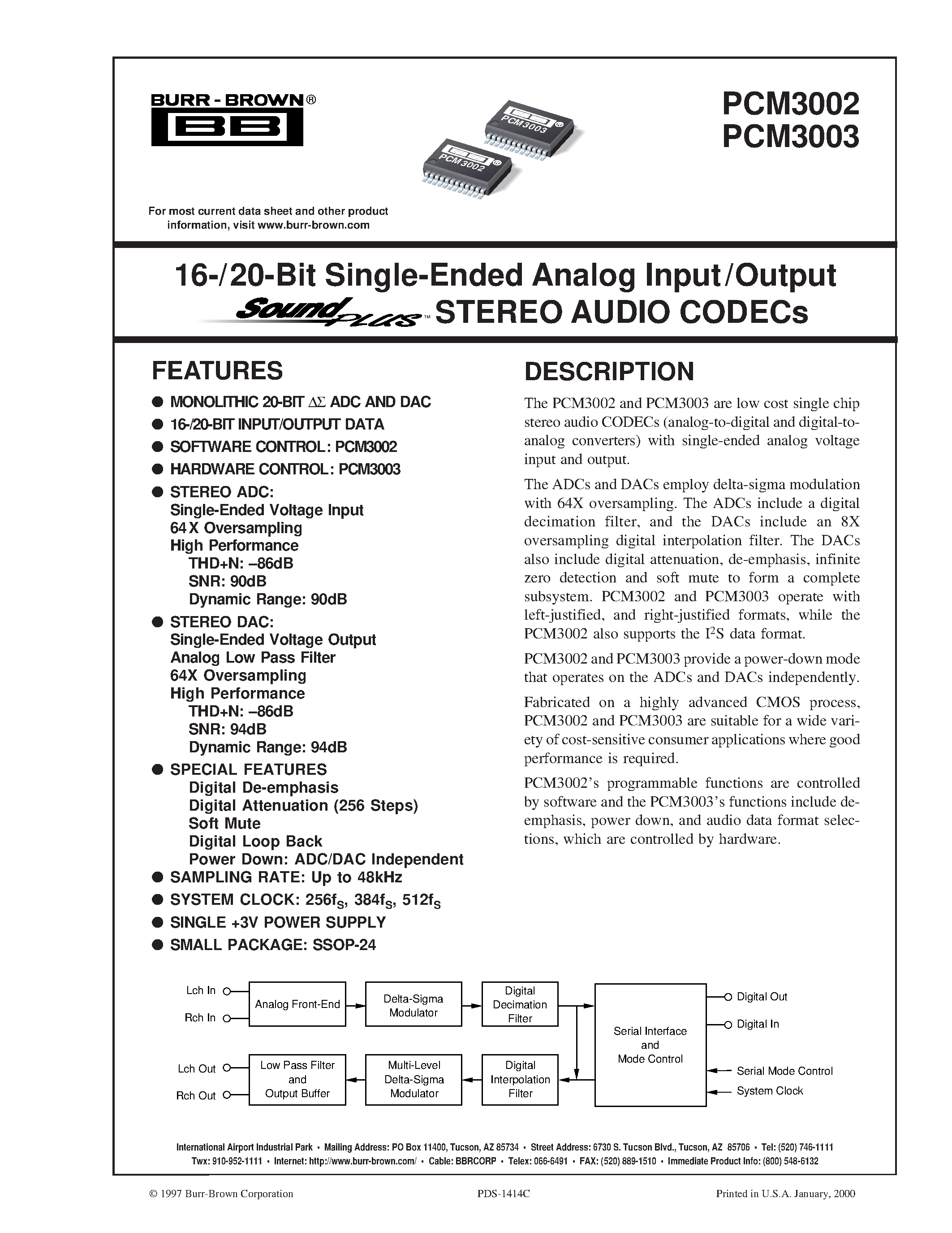 Даташит PCM3002 - 16-/20-Bit Single-Ended Analog Input/Output STEREO AUDIO CODECs страница 1