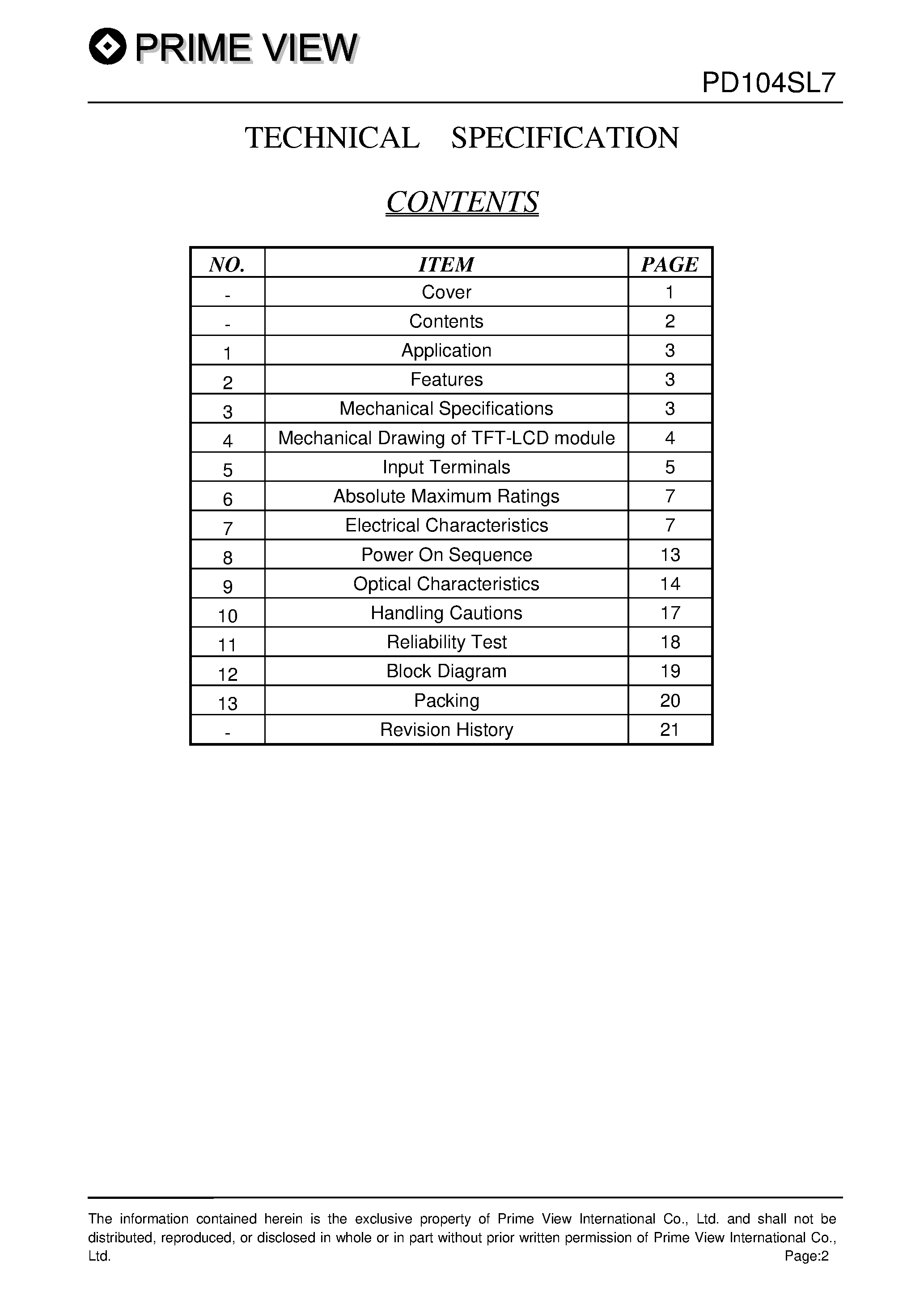 Datasheet PD104SL7 page 2 Datasheet PD104SL7 - TECHNICAL SPECIFICATION page 2