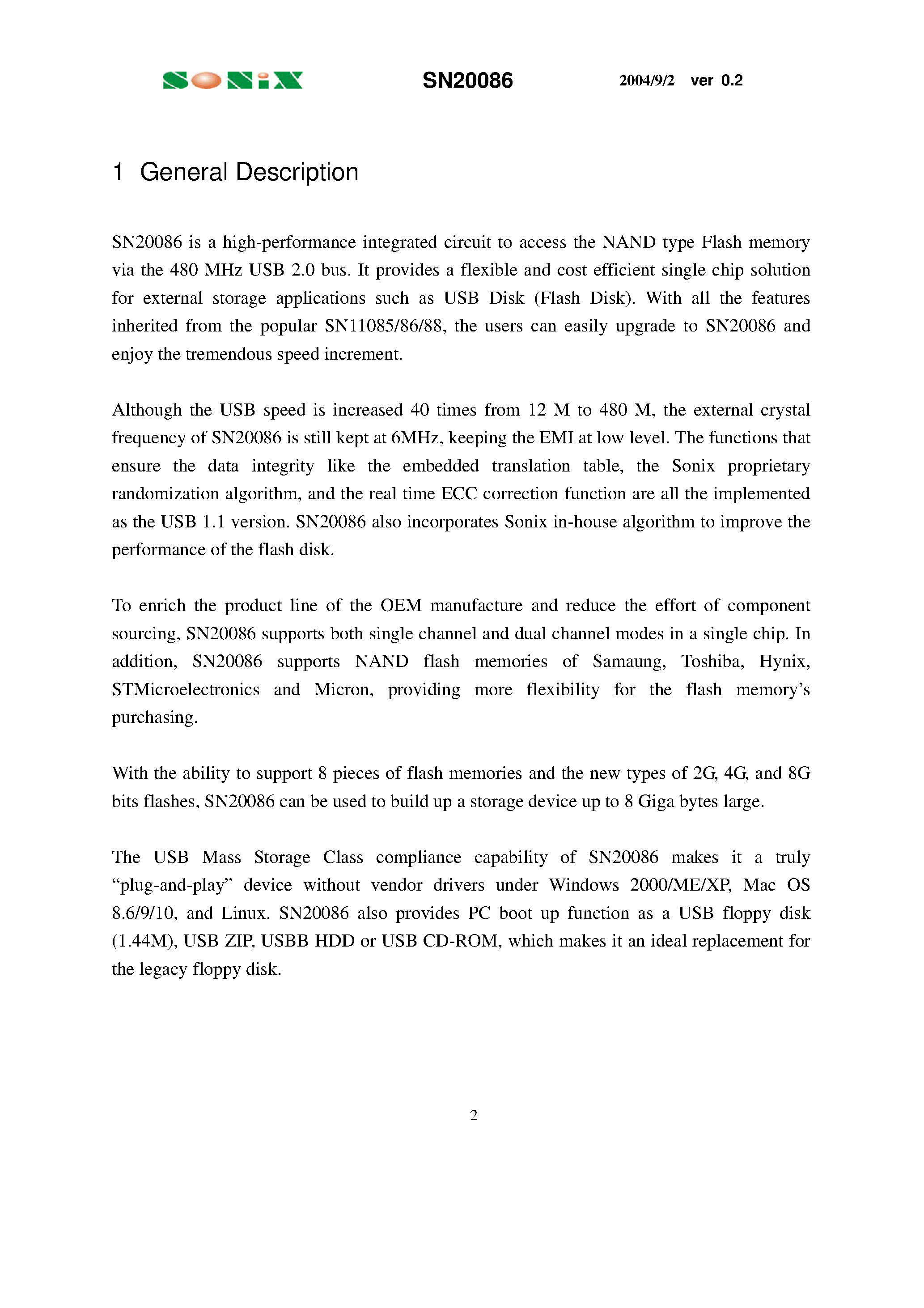 Datasheet SN20086 - USB2.0 Flash Disk Controller page 2