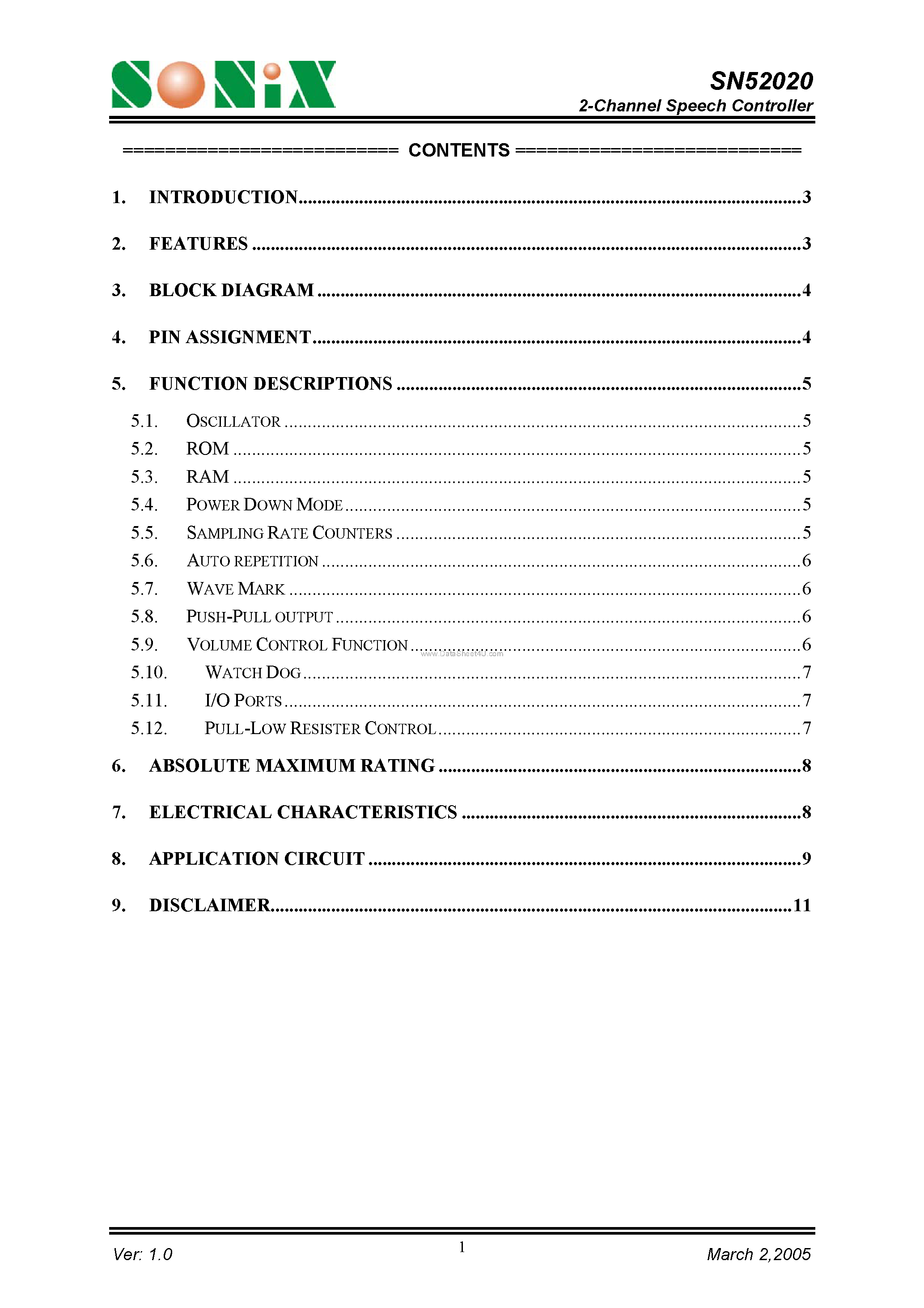 Datasheet SN52020 - 2-Channel Speech Controller page 1