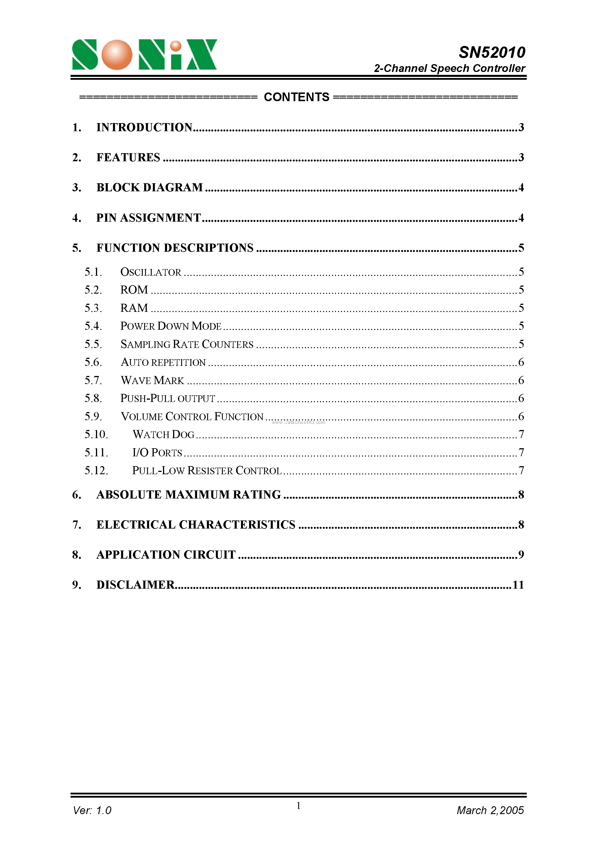 Datasheet SN52010 - 2-Channel Speech Controller page 1