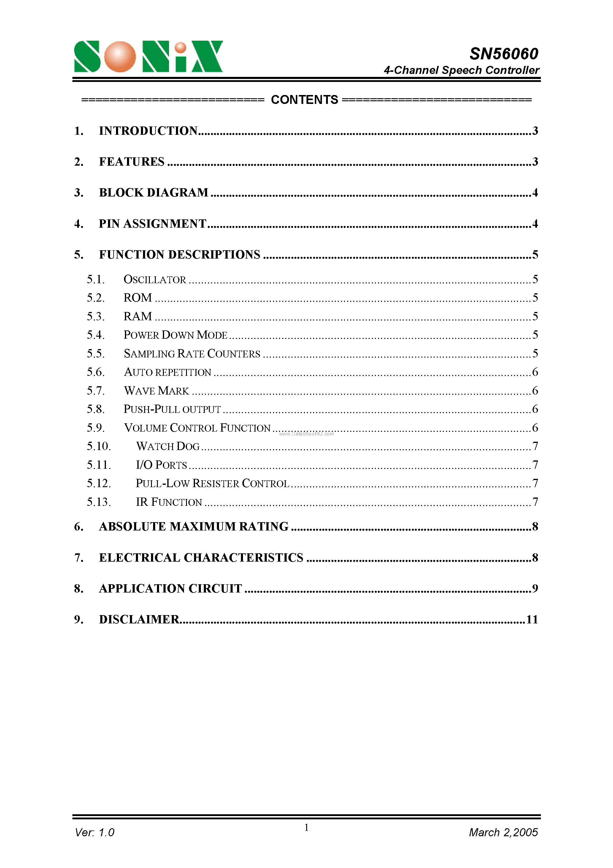 Datasheet SN56060 - 4-Channel Speech Controller page 1