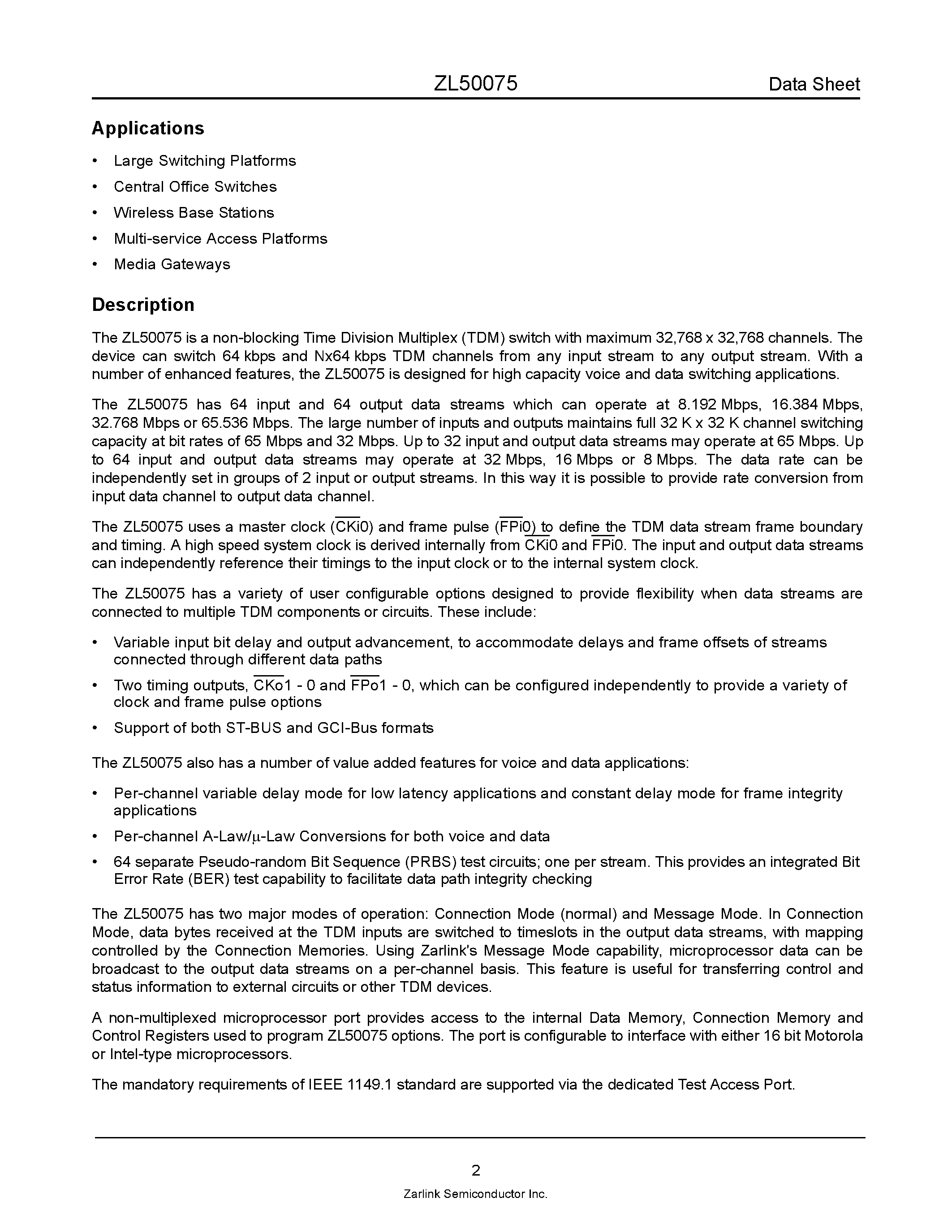 Datasheet ZL50075 - 32 K Channel Digital Switch page 2
