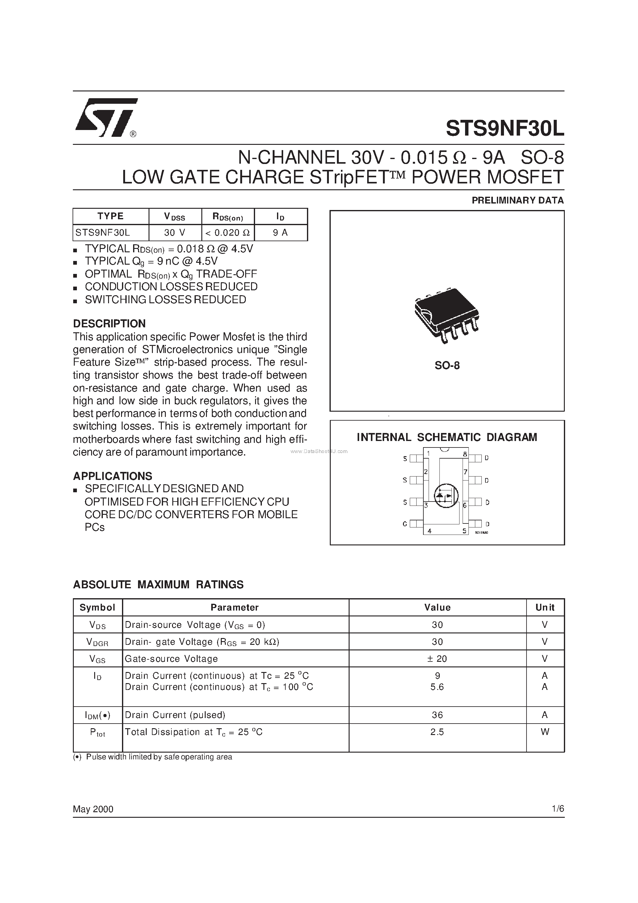Даташит STS9NF30L - N-CHANNEL POWER MOSFET страница 1
