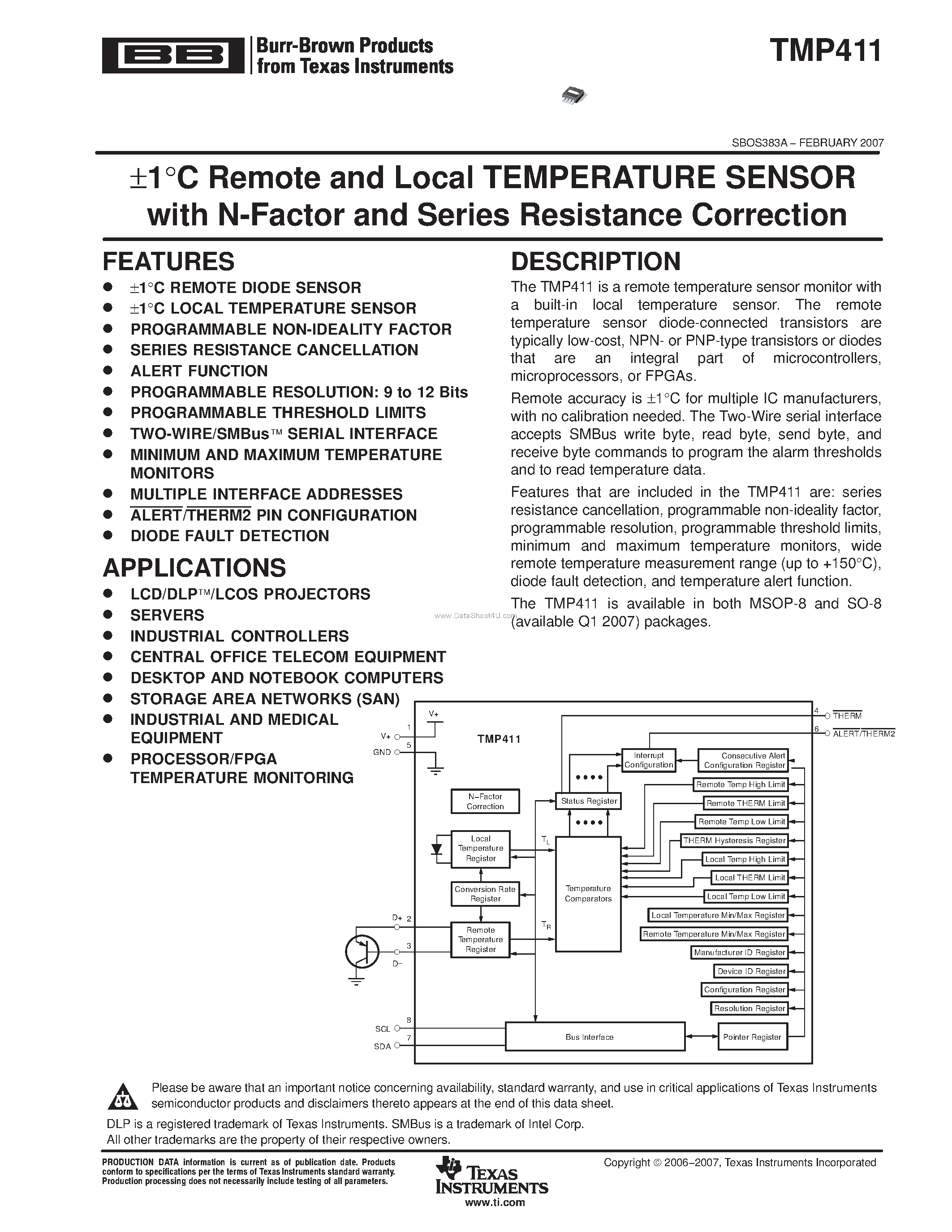 Даташит TMP411 - TEMPERATURE SENSOR страница 1