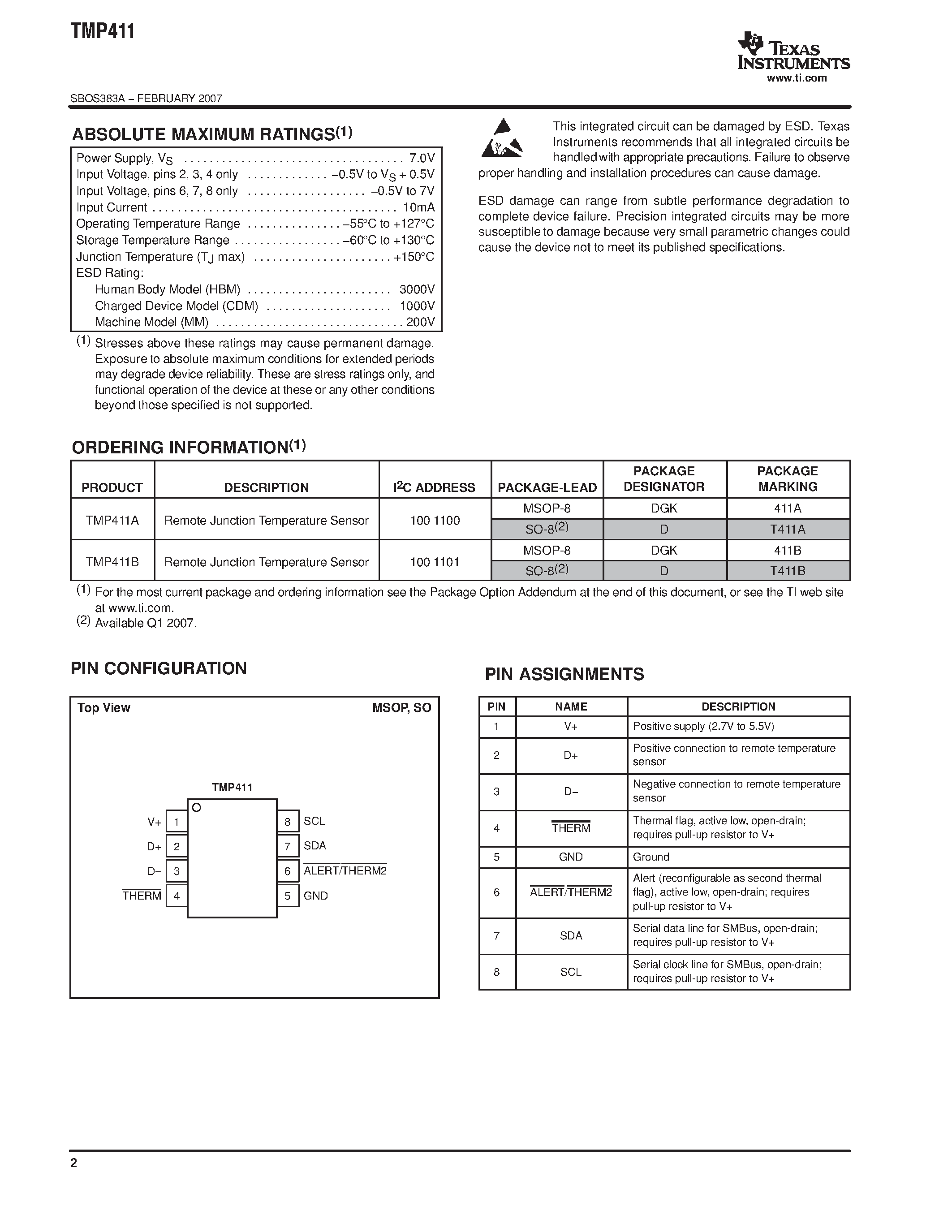Даташит TMP411 - TEMPERATURE SENSOR страница 2