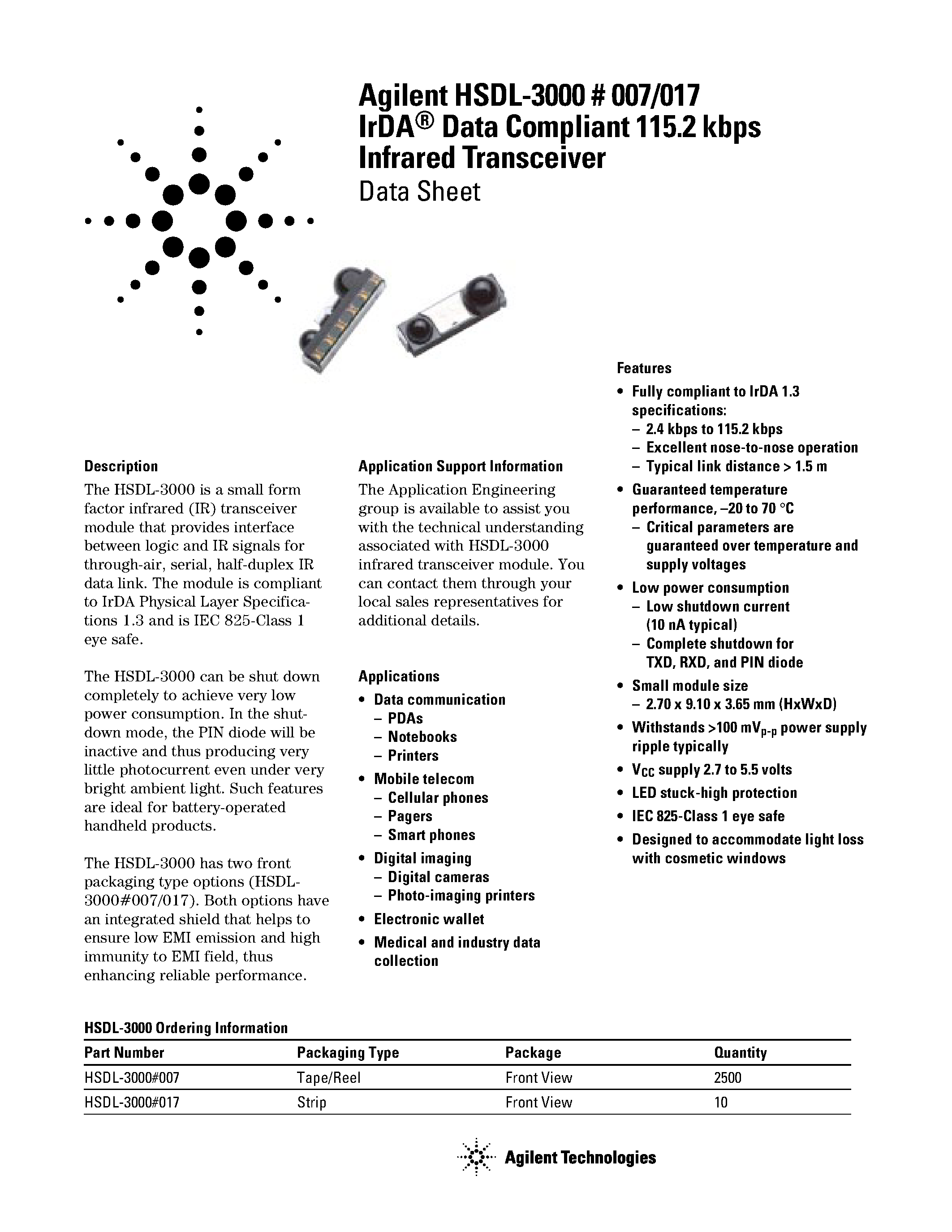 Datasheet HSDL-3000 - Irda 1.3 Data Compliant 115.2kb/s 3-5V Infrared Transceiver page 1