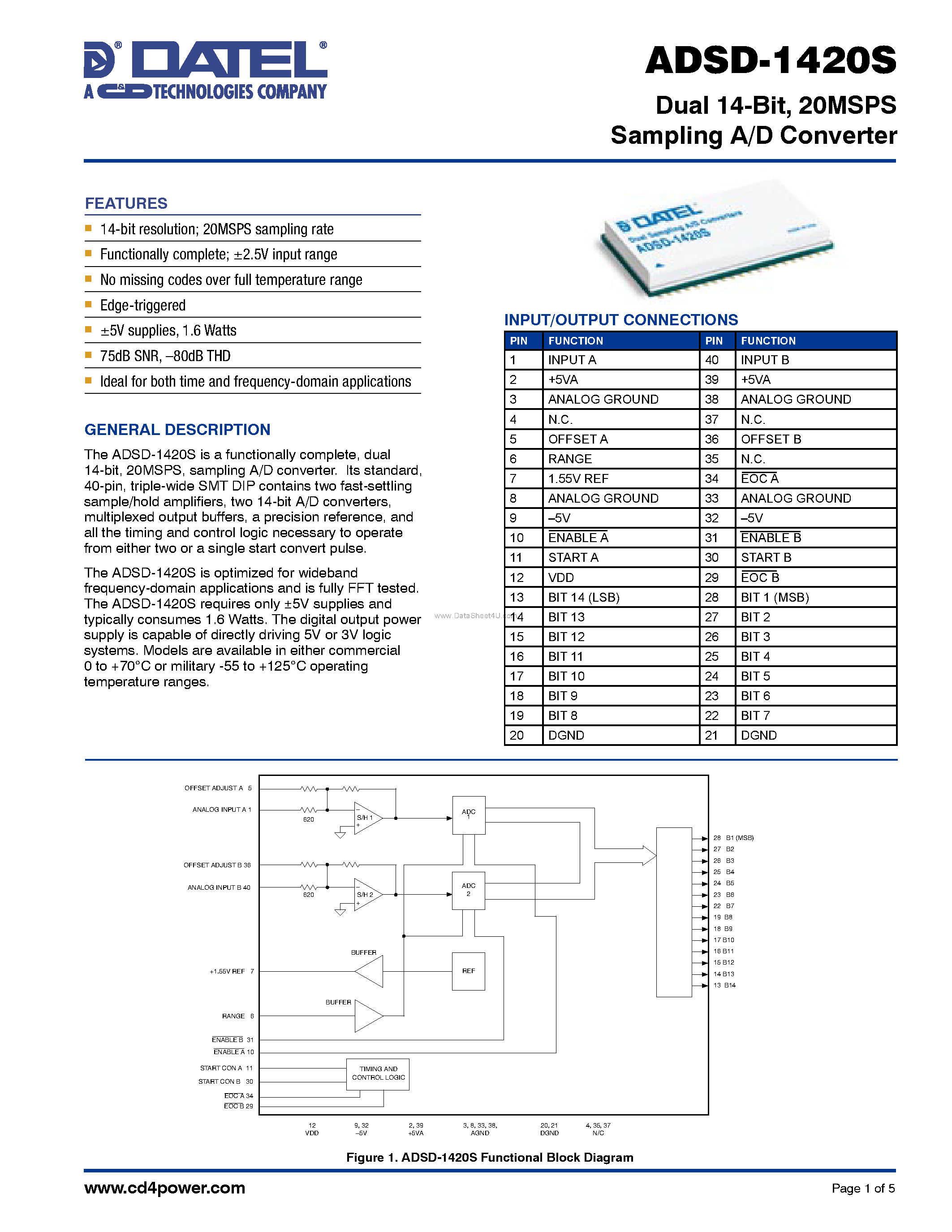 Datasheet ADSD-1420S page 1 Datasheet ADSD-1420S - 20MSPS Sampling A/D Converter page 1
