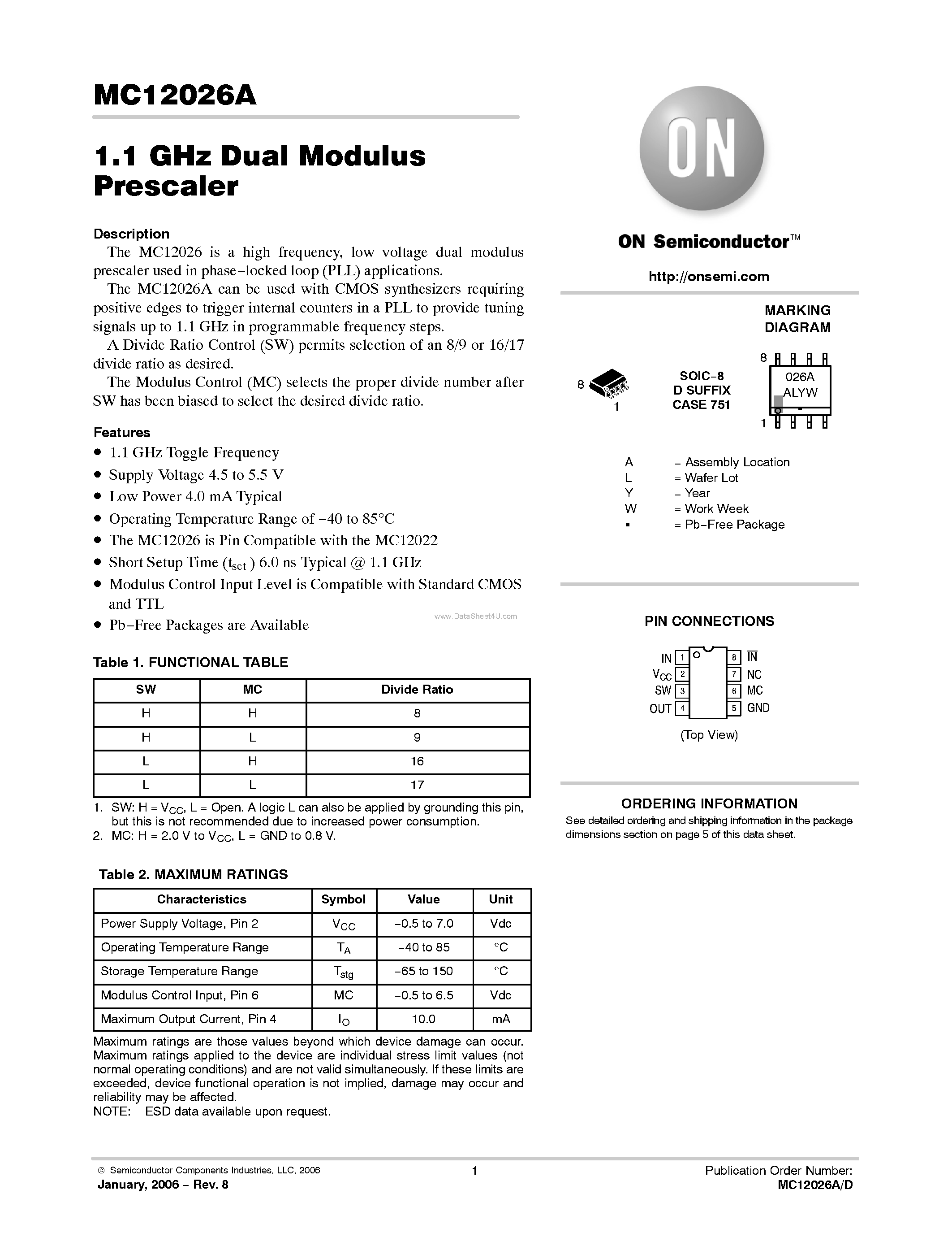 Datasheet MC12026A - 1.1 GHz Dual Modulus Prescaler page 1