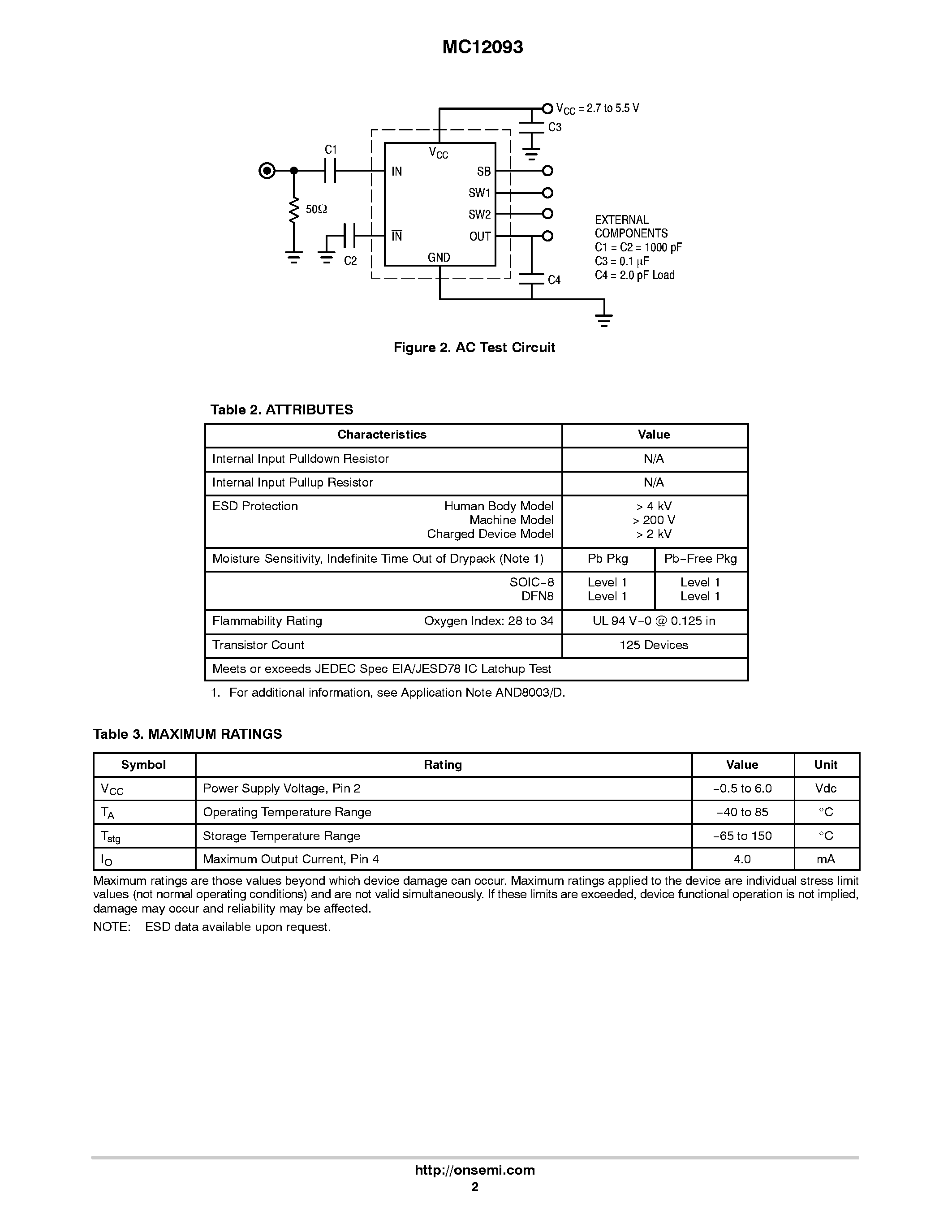 Datasheet MC12093 - Low Power Prescaler page 2