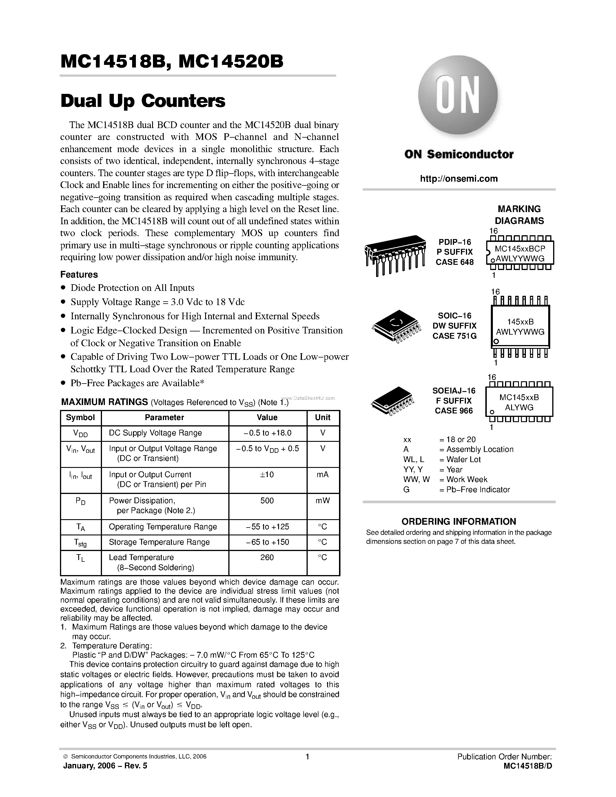 Datasheet MC14518B page 1 Datasheet MC14518B - (MC14518B / MC14520B) Dual Up Counters page 1