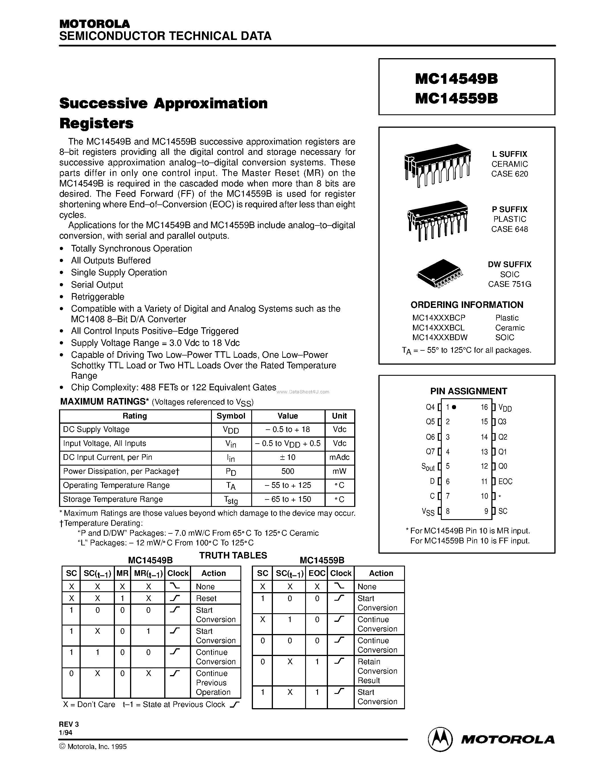 Datasheet MC14549B page 1 Datasheet MC14549B - (MC14549B / MC14559B) SUCCESSIVE APPROXIMATION REGISTERS page 1
