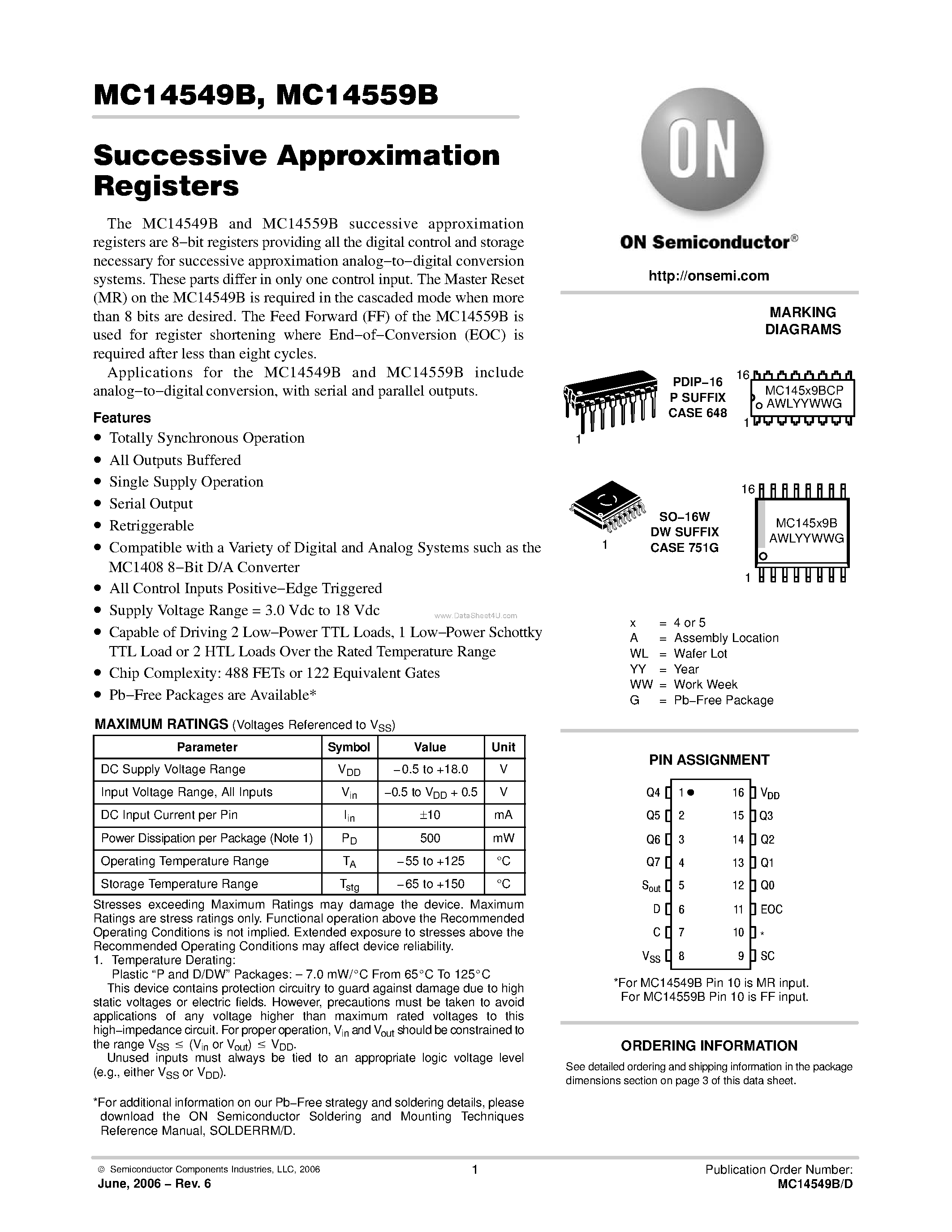 Datasheet MC14549B page 1 Datasheet MC14549B - (MC14549B / MC14559B) Successive Approximation Registers page 1