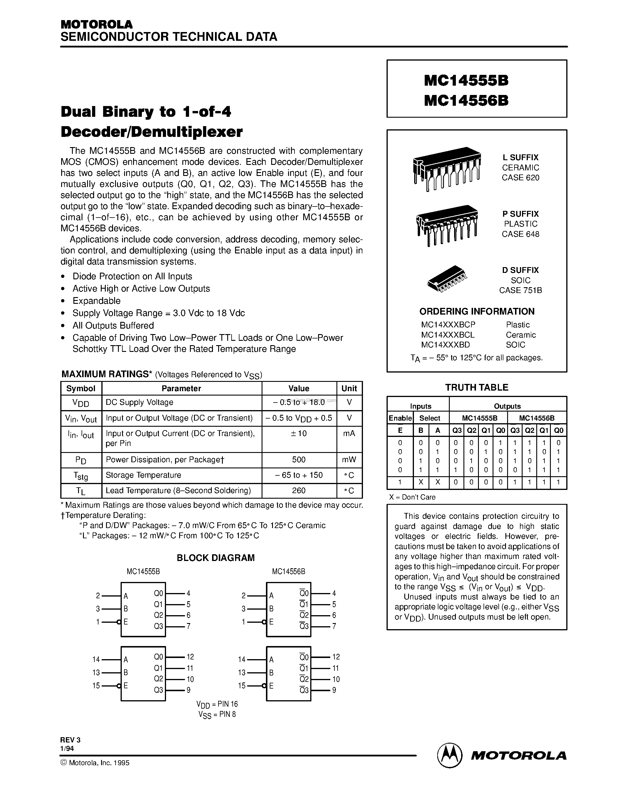 Datasheet MC14555B page 1 Datasheet MC14555B - (MC14555B / MC14556B) Dual Binary to 1-of-4 Decoder/Demultiplexer page 1