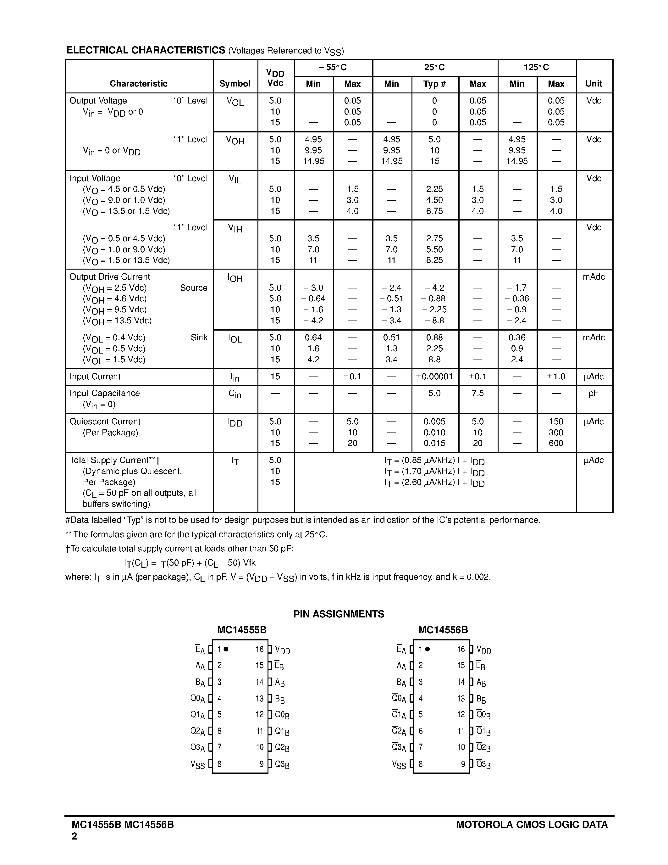 Datasheet MC14555B page 2 Datasheet MC14555B - (MC14555B / MC14556B) Dual Binary to 1-of-4 Decoder/Demultiplexer page 2