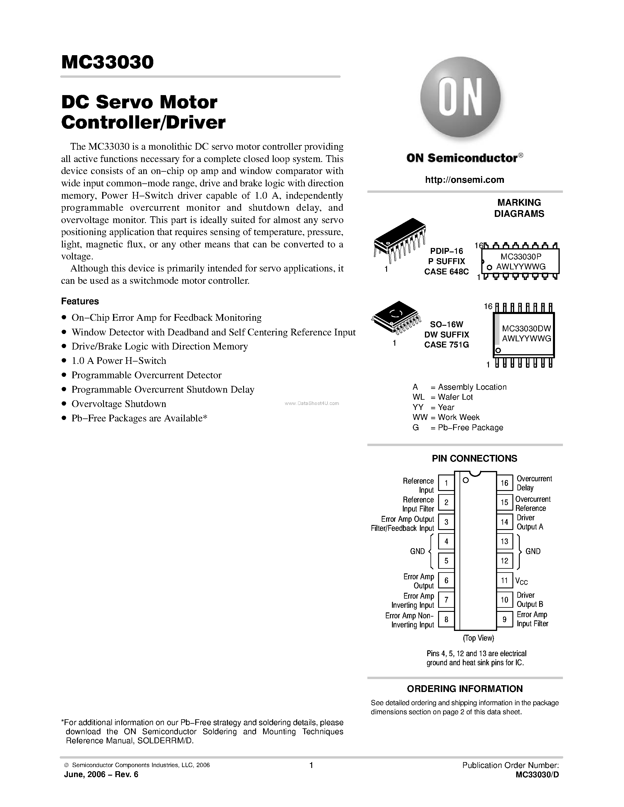 Даташит на микросхему MC33030 страница 1 Даташит MC33030 - DC Servo Motor Controller/Driver страница 1