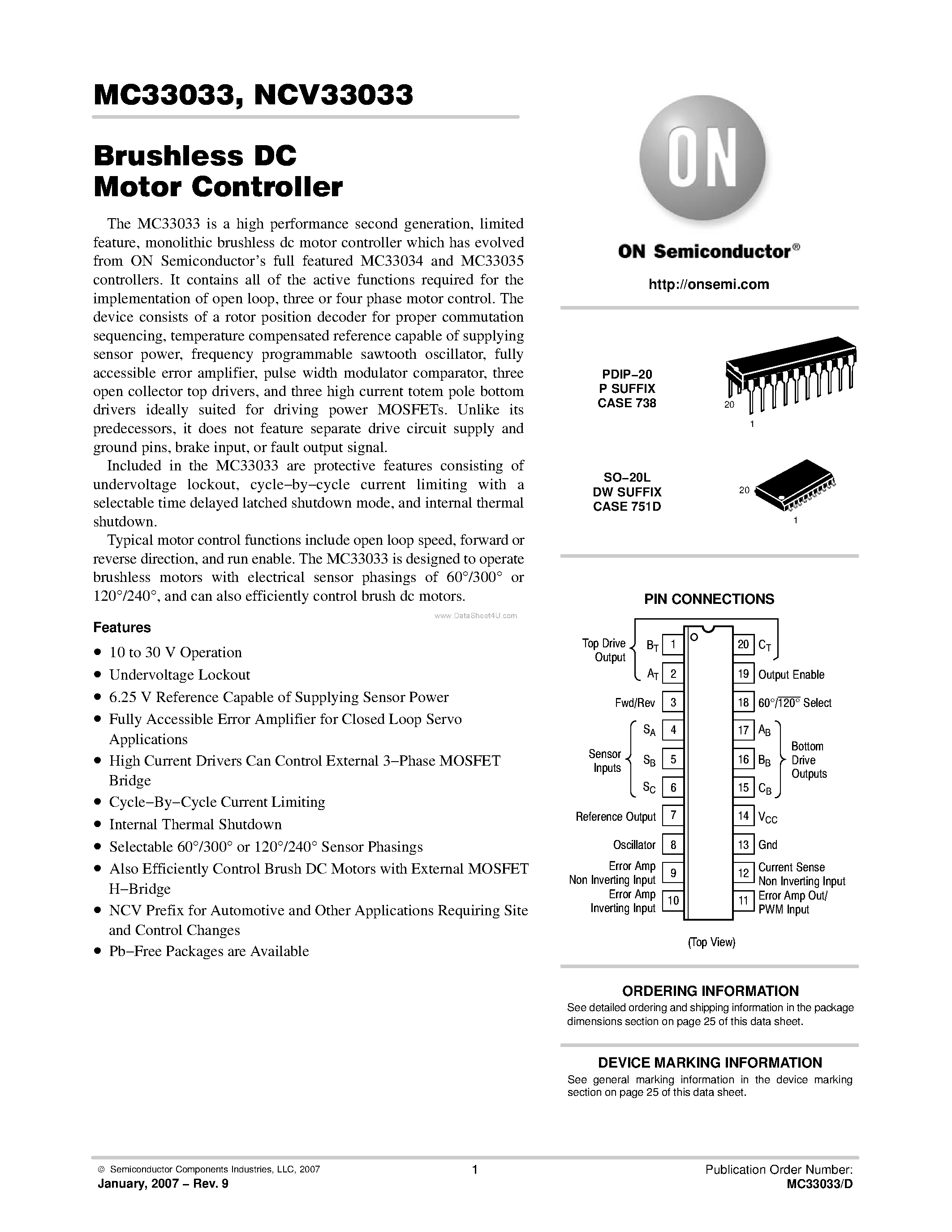 Даташит на микросхему MC33033 страница 1 Даташит MC33033 - Brushless DC Motor Controller страница 1