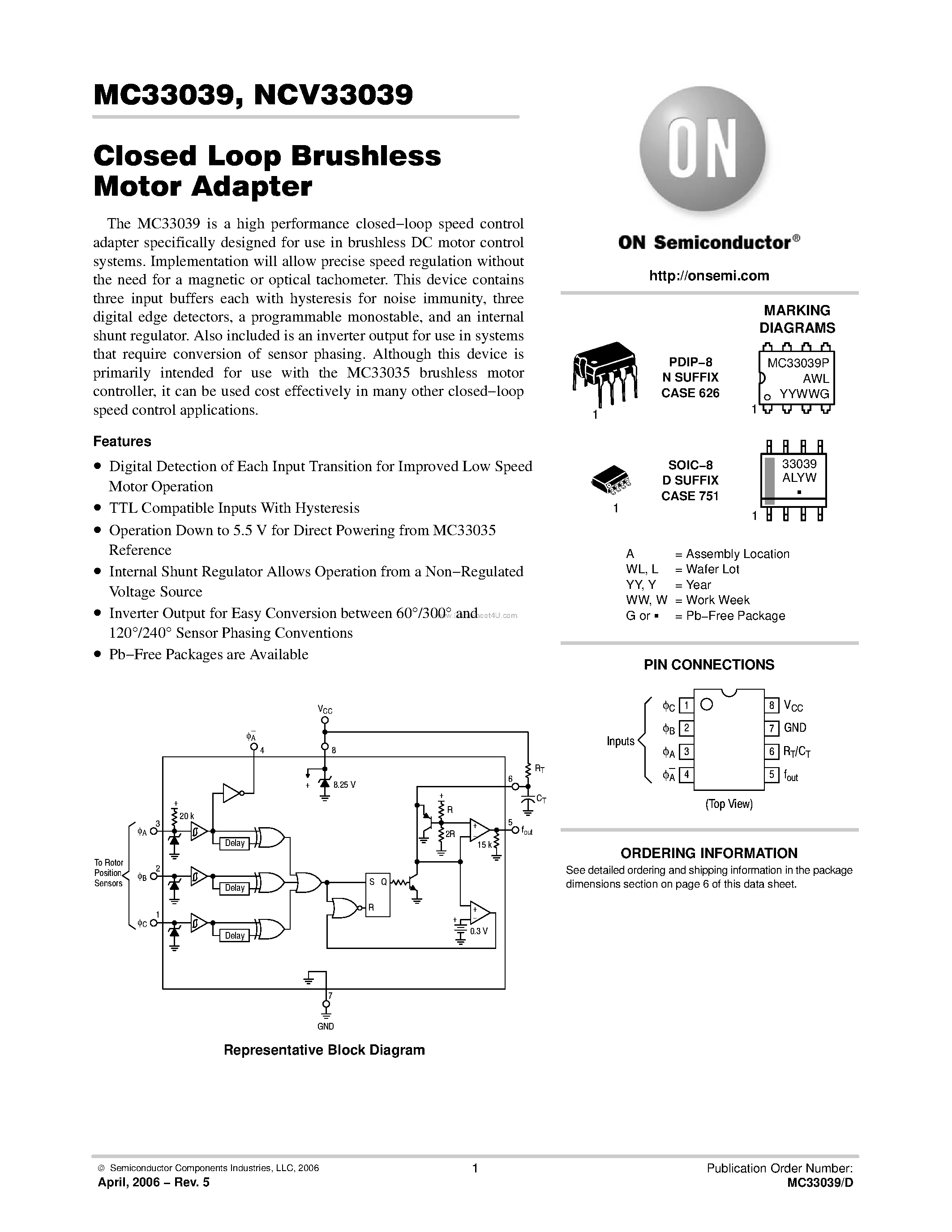 Даташит MC33039 - Closed Loop Brushless Motor Adapter страница 1