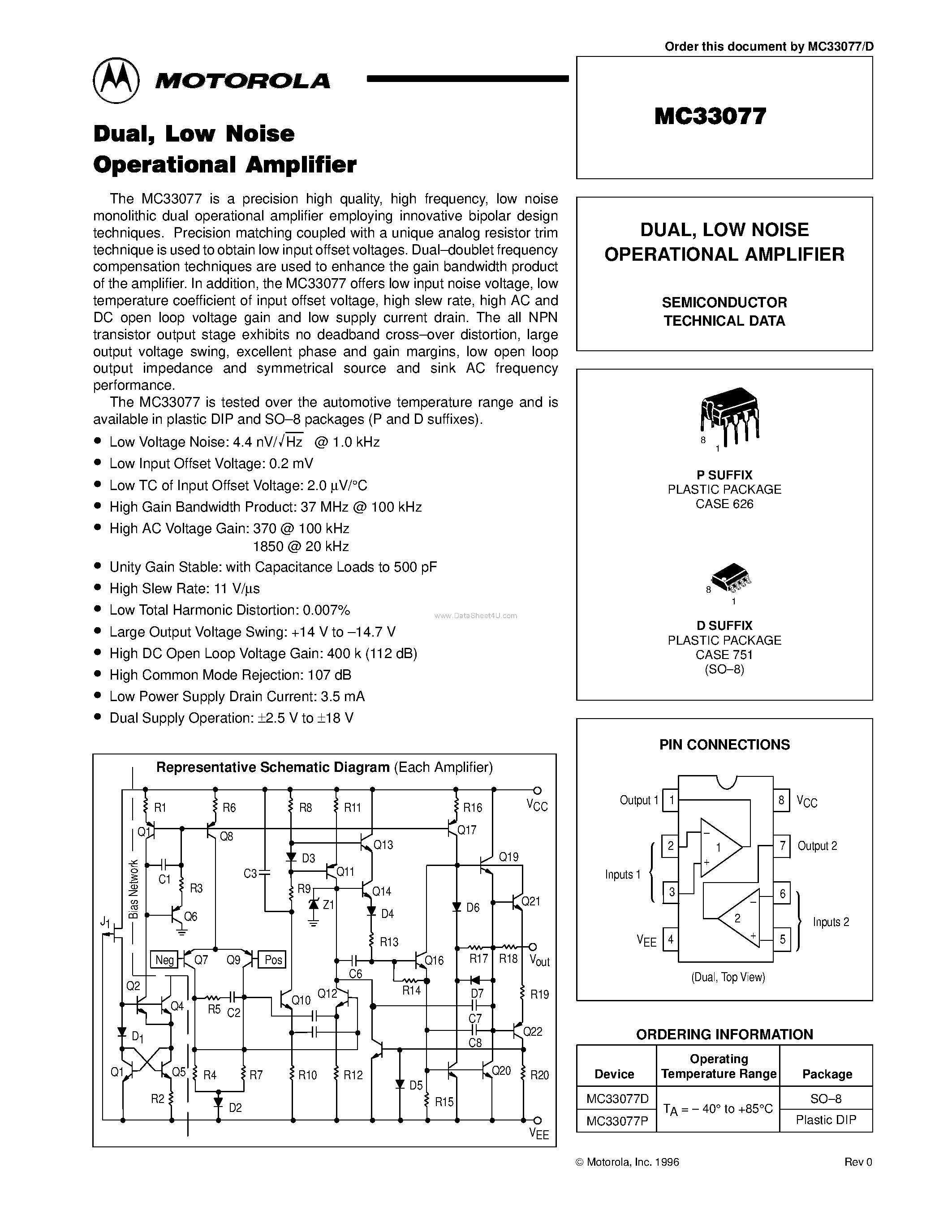 Даташит на микросхему MC33077 страница 1 Даташит MC33077 - LOW NOISE OPERATIONAL AMPLIFIER страница 1